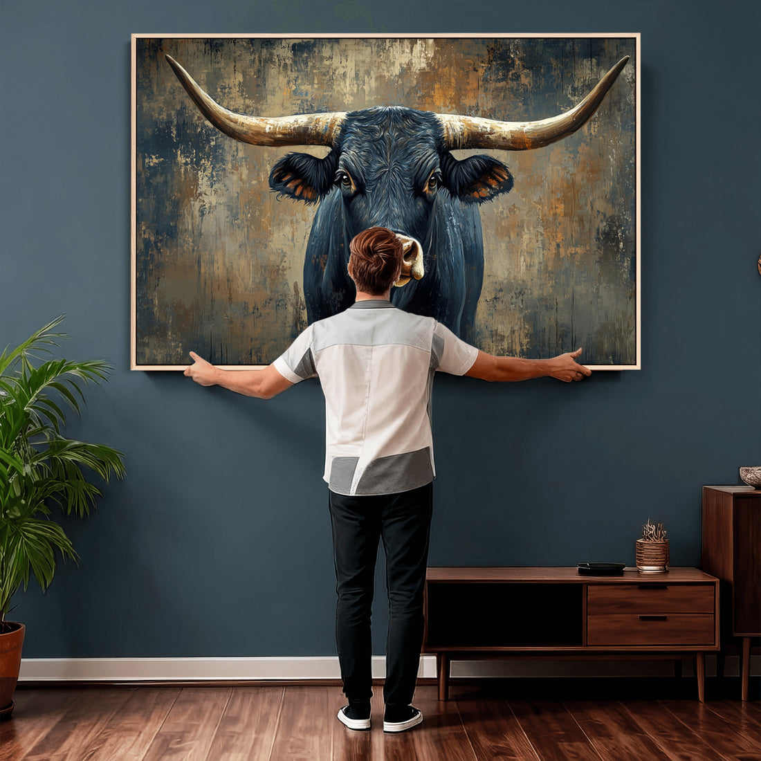 Texas Western Wall Art Canvas Print, Abstract Cow Longhorn Bull Wall Art