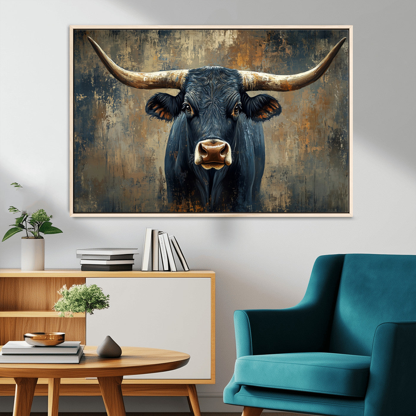 MGV-FC-36X24 - Texas Western Wall Art Canvas Print - Abstract Cow Longhorn Bull Wall Art Canvas Print - Rustic Cow