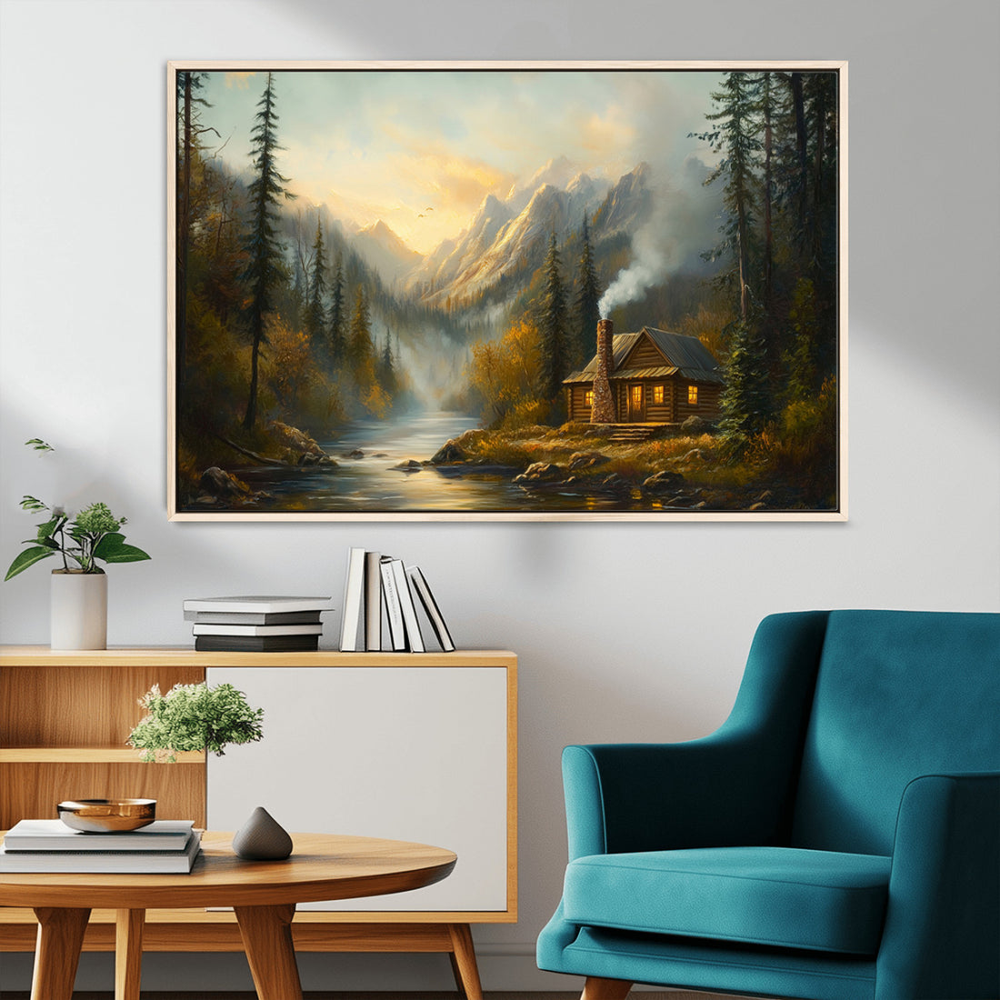 Wood Cabin Retreat Mountain at Sunset Wall Art Print, Serene Forest and River Landscape