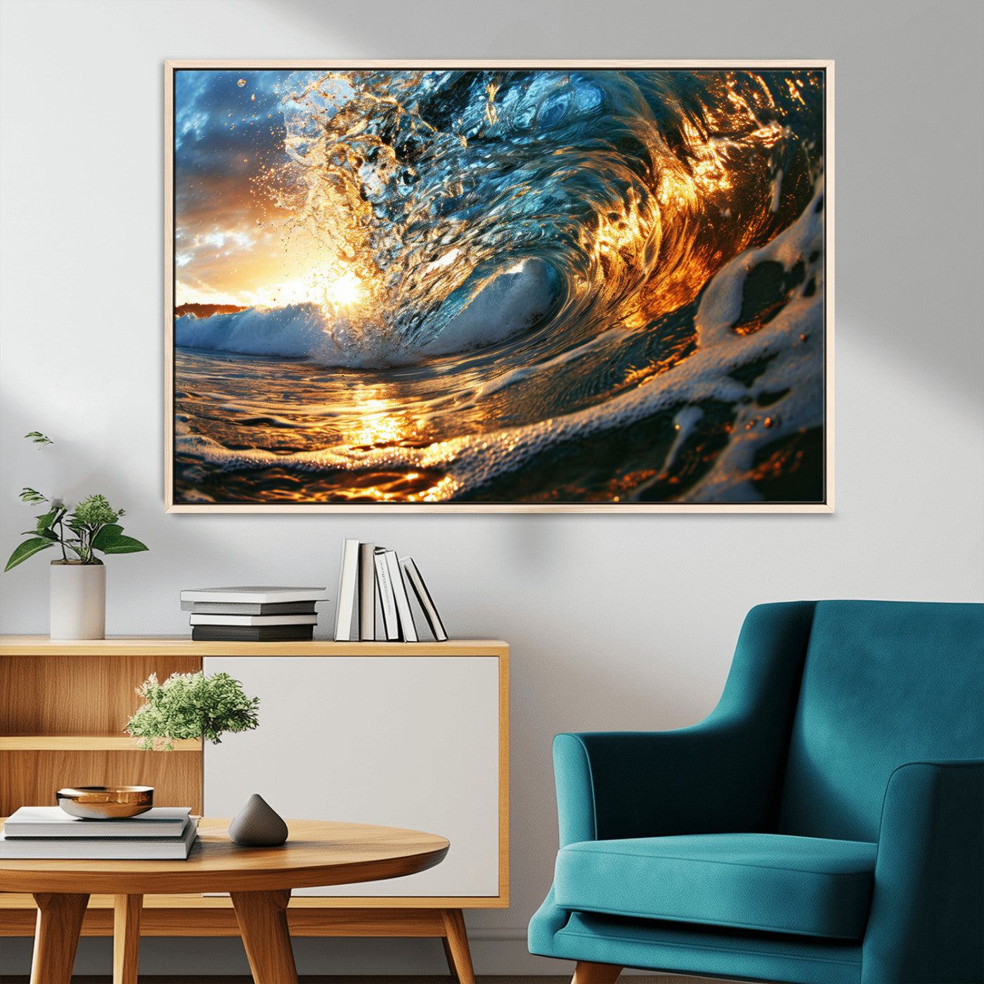 MGV-FC-36X24 - Ocean Wave at Sunset Canvas Wall Art – Vibrant Coastal Beach Waves Print, Large Nautical Decor,