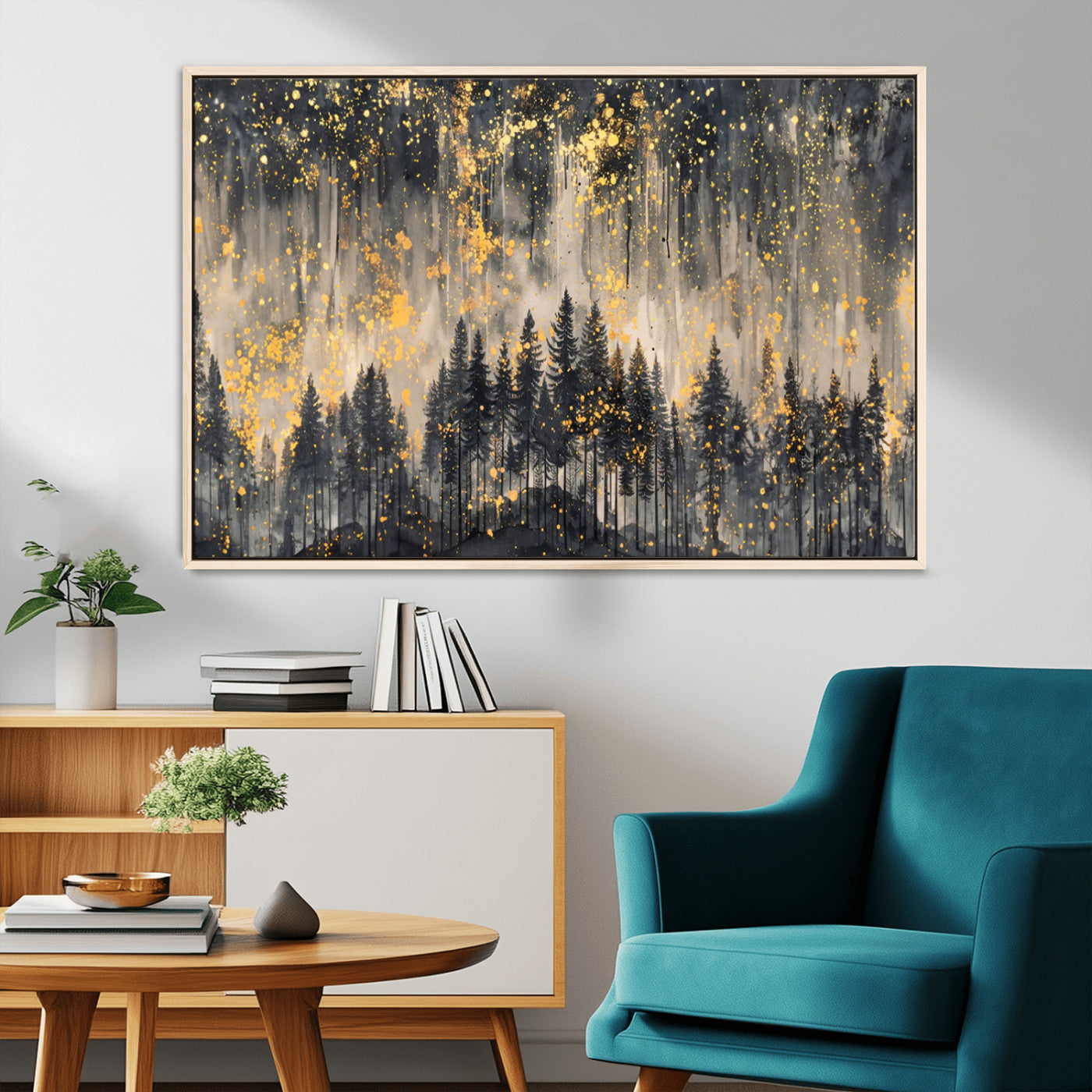 MGV-FC-36X24 - Golden Forest Abstract Wall Art | Dark Forest with Gold Splatter Accents | Triptych Ready to Hang