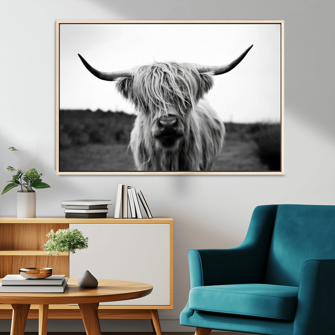 MGV-FC-36X24 - Highland Cow Wall Art | Black and White Farmhouse Decor | Triptych Canvas Print | Rustic Barn Decor