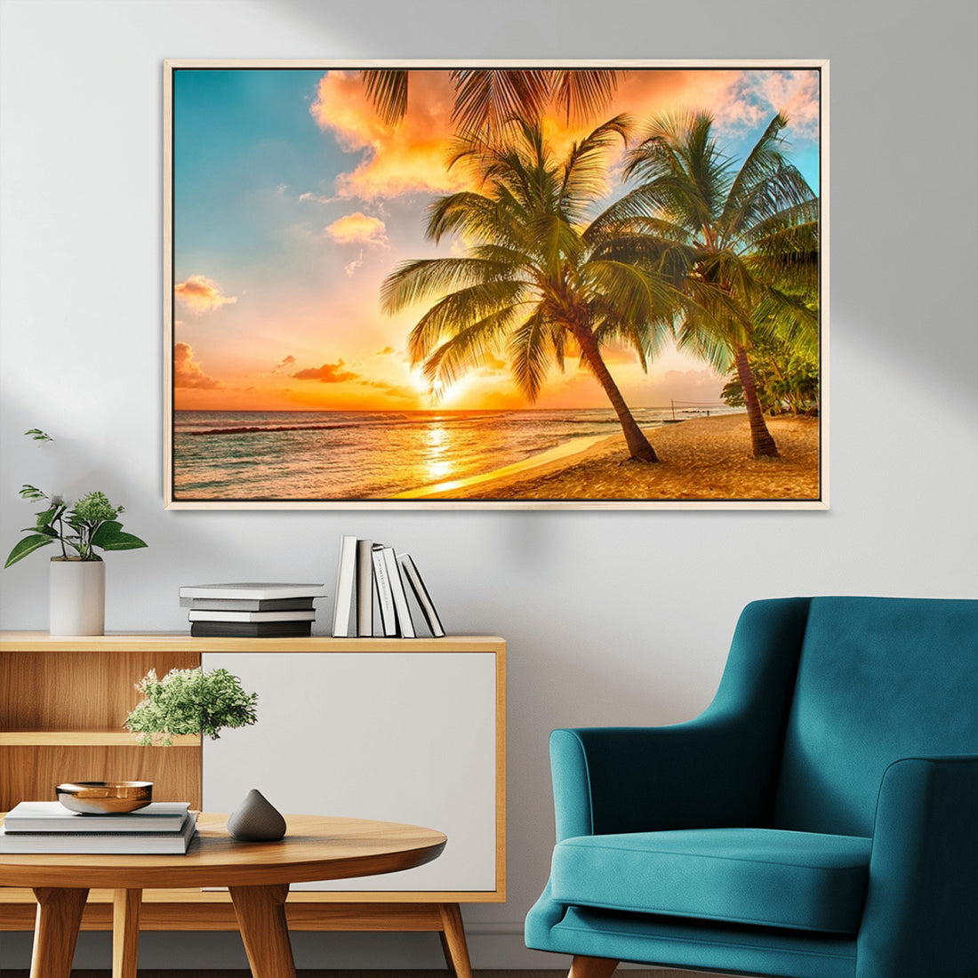 Tropical Sunset Beach Canvas Wall Art Print | Vibrant Palm Trees and Coastal Sunset