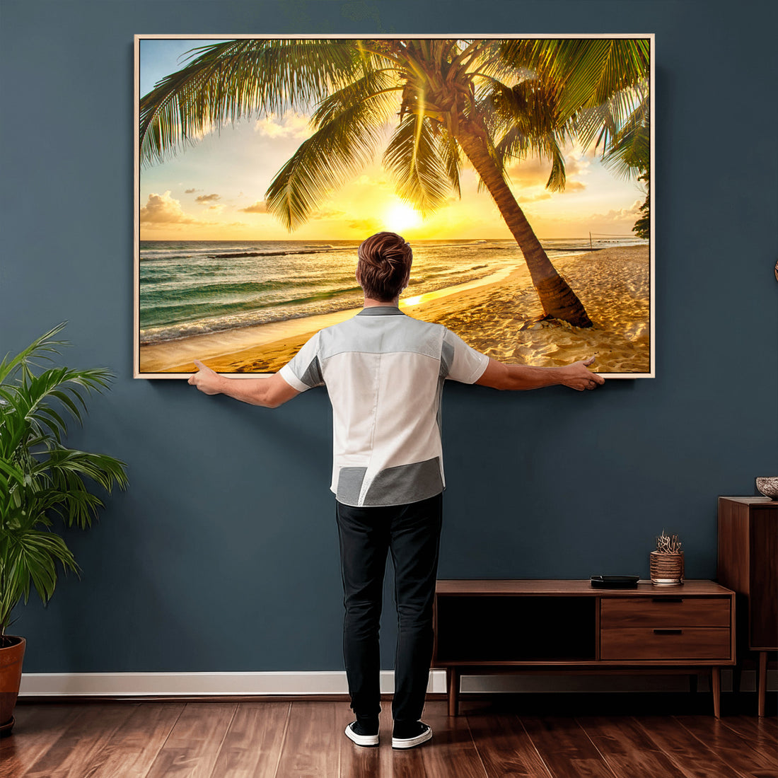 Beach Sunset Canvas Wall Art Print - Tropical Beach Canvas With Palm Trees
