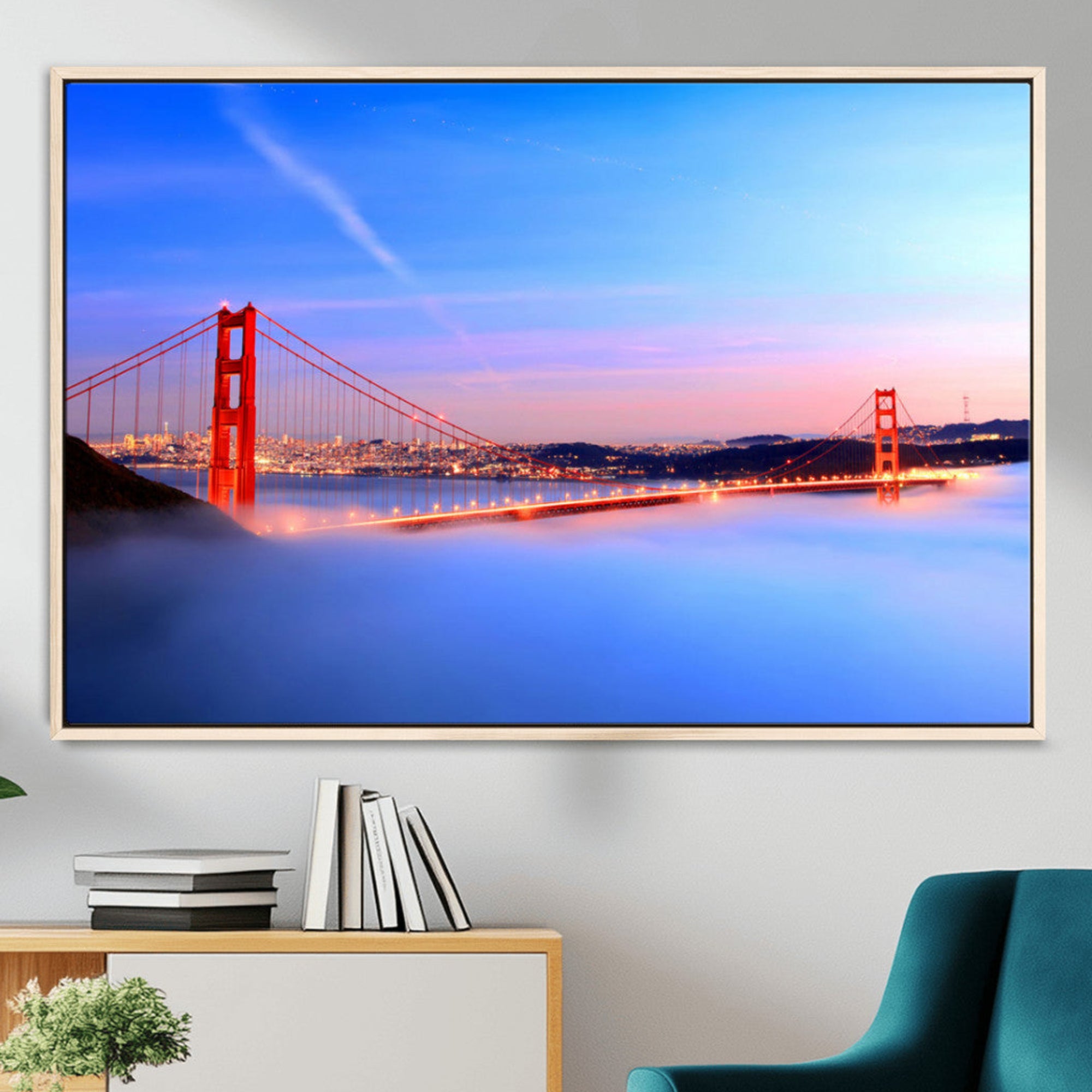 14572-MGV-CV-36X24-Large San Francisco Wall Art Canvas Print – Framed Golden Gate Bridge Scene with Fog Artwork for Home, Office
