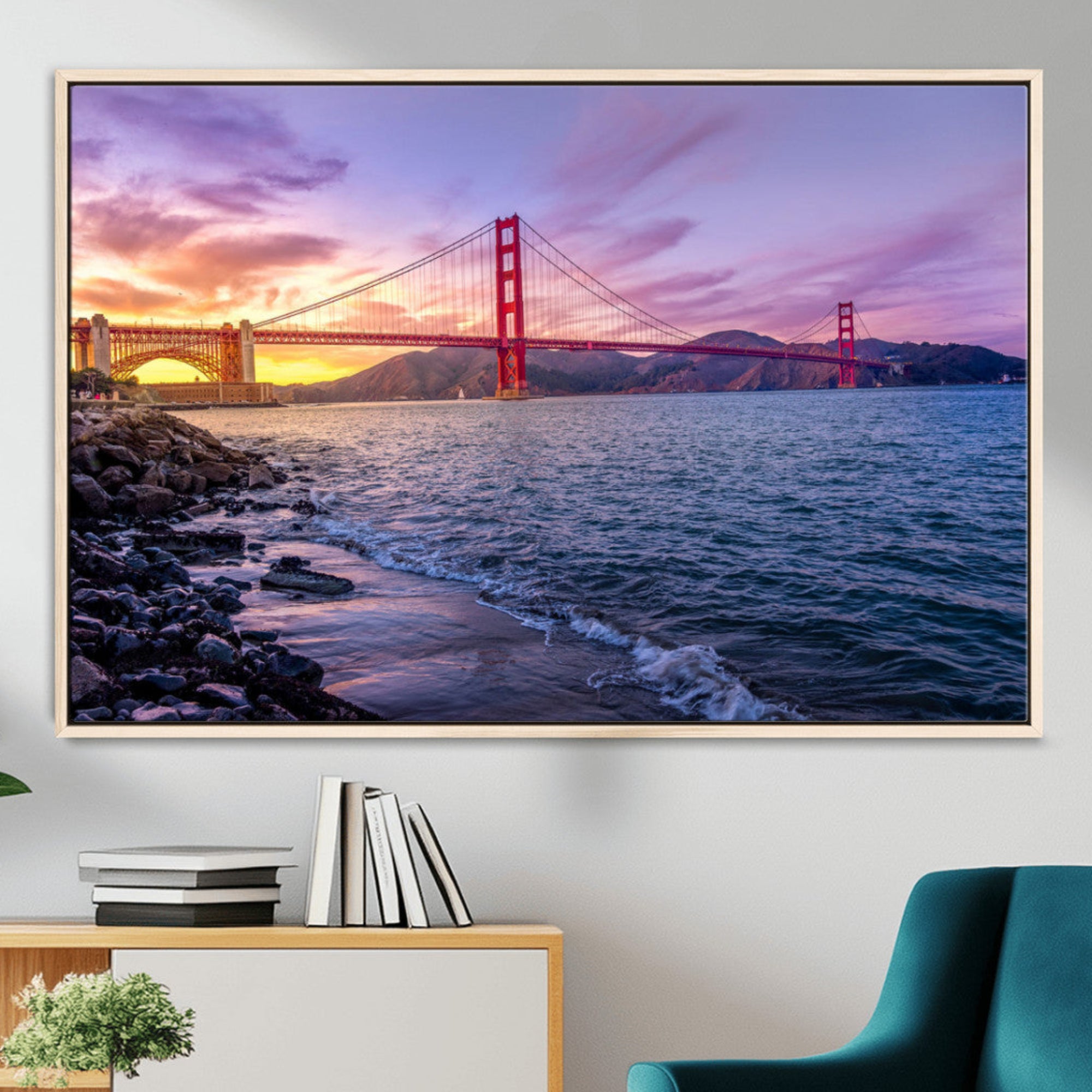 24256-MGV-CV-36X24-Golden Gate Bridge Wall Art Canvas Print – Framed San Francisco Sunset Scene with Cityscape Artwork for Home, Office