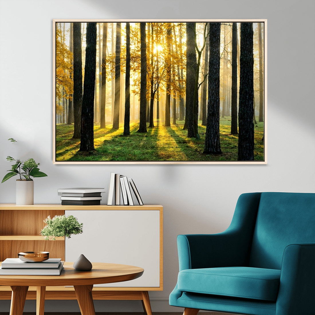 Sunlit Forest Wall Art Canvas Print, Large Framed Woodland Scene with Golden Light