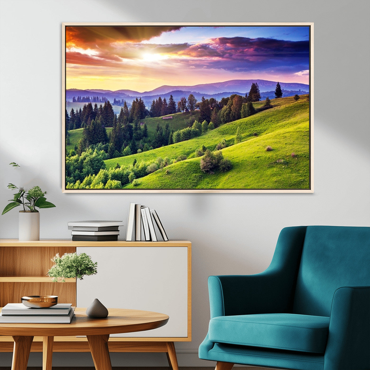 MGV-FC-36X24 - Green Hills and Sunset Wall Art Print - Scenic Landscape with Lush Greenery and Vibrant Sky, Ready