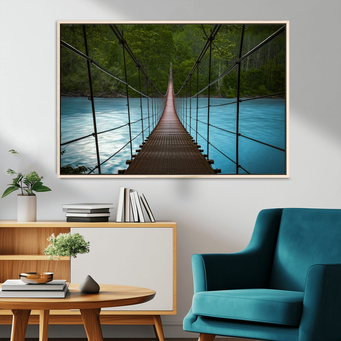 Suspension Bridge Over River Canvas Art | 3-Panel Nature Wall Art