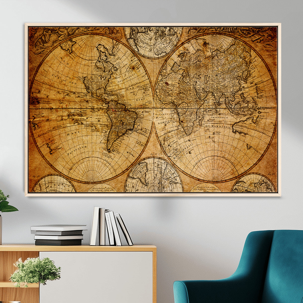 25517-MGV-FC-36X24 - Vintage World Map Canvas Print – Antique Push Pin Travel Map, Framed Wall Art for Home or Office Decor