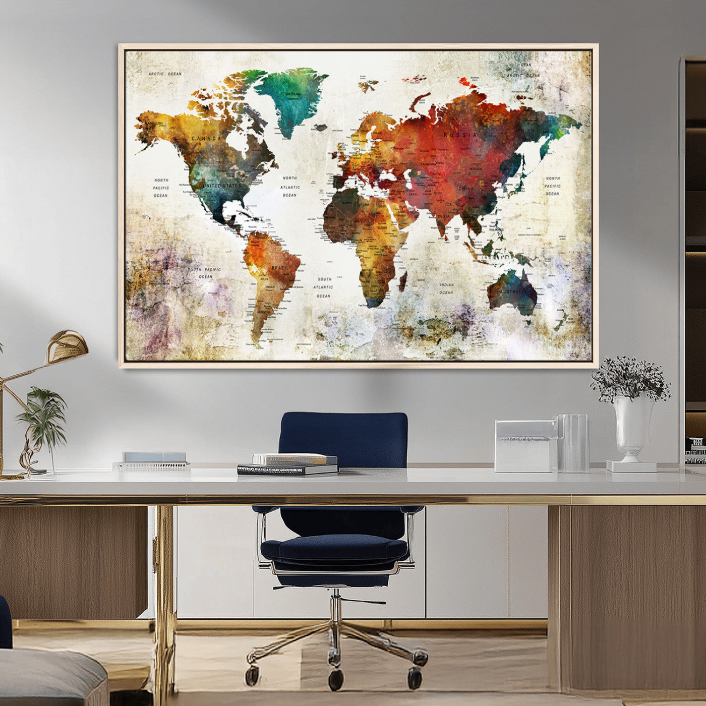 92207-MGV-FC-36X24_Natural-Push Pin World Map Canvas Print – Framed Wall Art for Couples to Track Their Travels – Anniversary