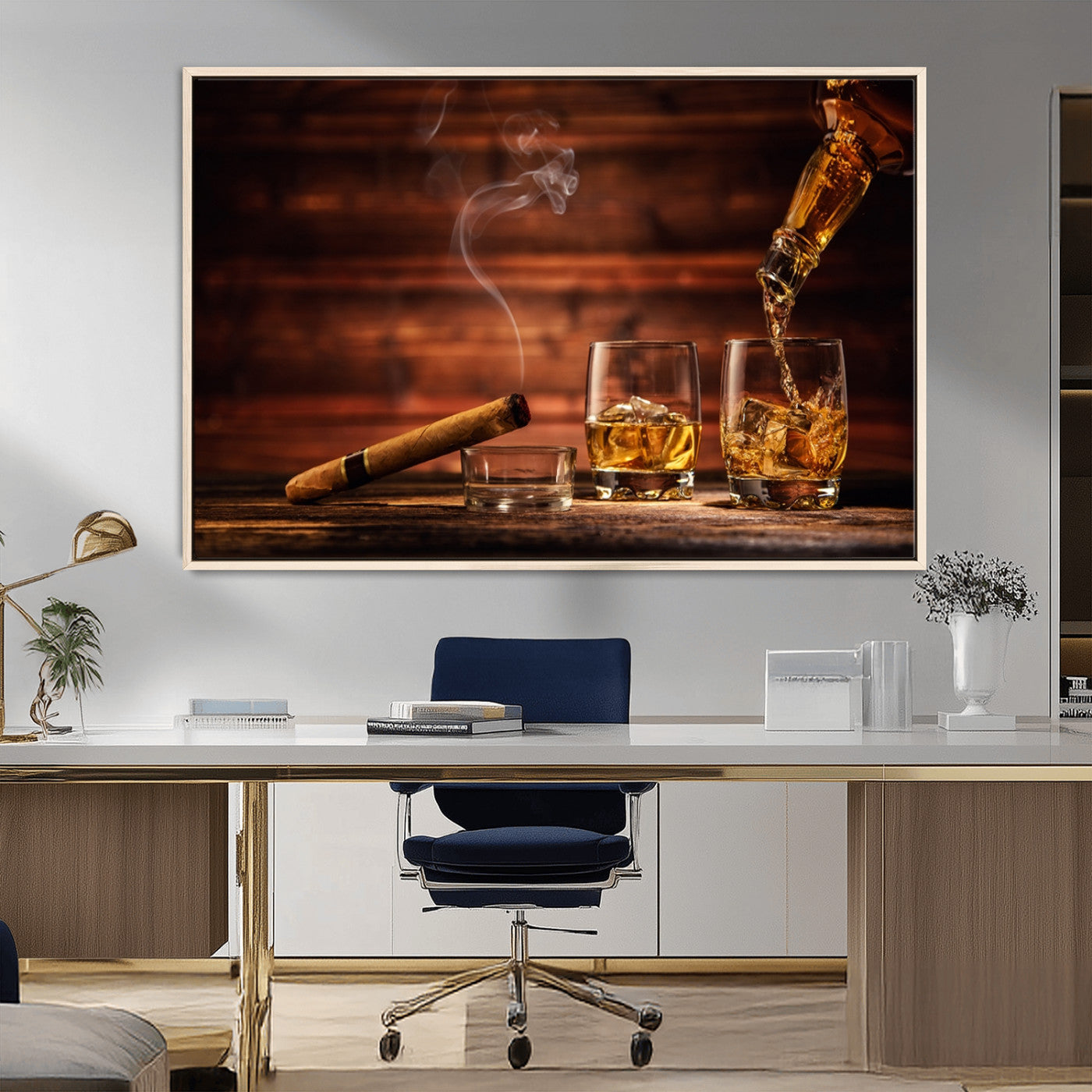 MGV-FC-36X24 - Whiskey and Cigar Wall Art Canvas | 3 Panel Bar Room Decor for Home Lounge, Office, or Man Cave |