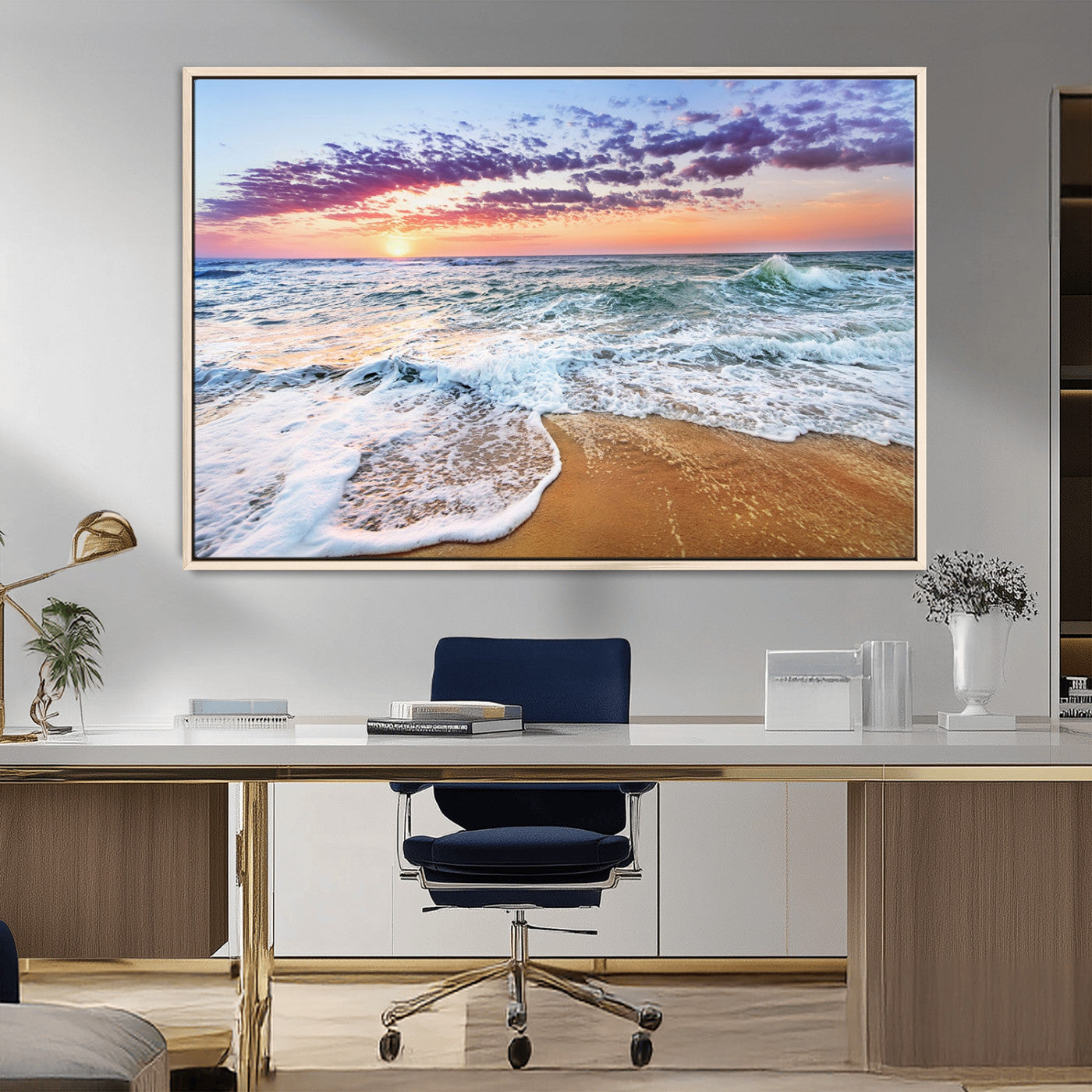 MGV-FC-36X24 - Coastal Sunset Art Beach Canvas Wall Art Print | Ocean Waves Wall Art | Large 3-Panel Seascape for