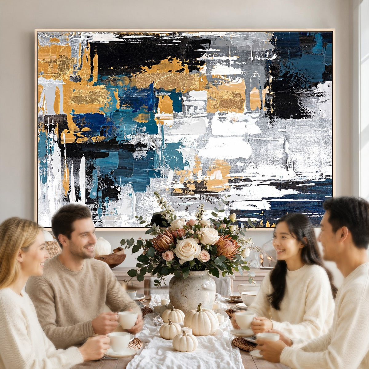 57708-_Poster-30x20 - Blue and Gold Abstract Canvas Wall Art | Triptych Modern Art Print