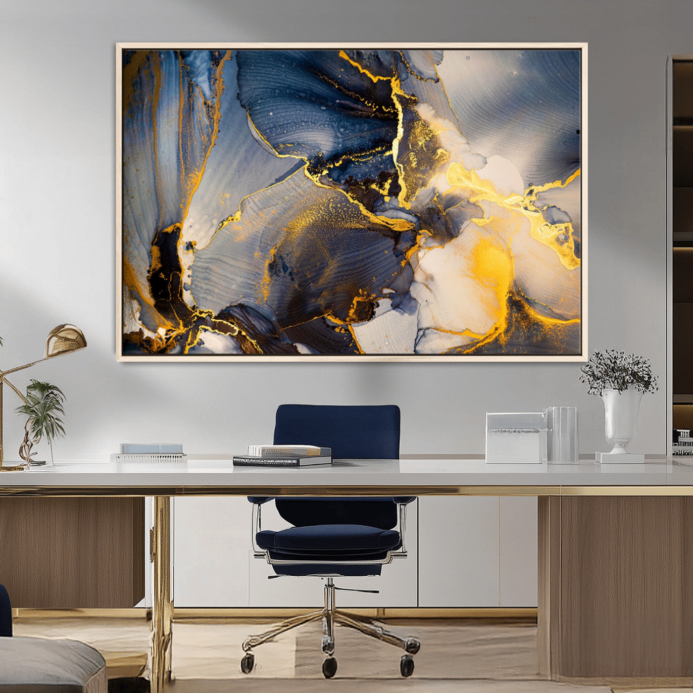 42100-MGV-FC-36X24_Natural-Large Abstract Wall Art Print - Gold and Blue Abstract Canvas Wall Art | Fluid Ink Modern Luxury Wall Decor for Living Room Decor