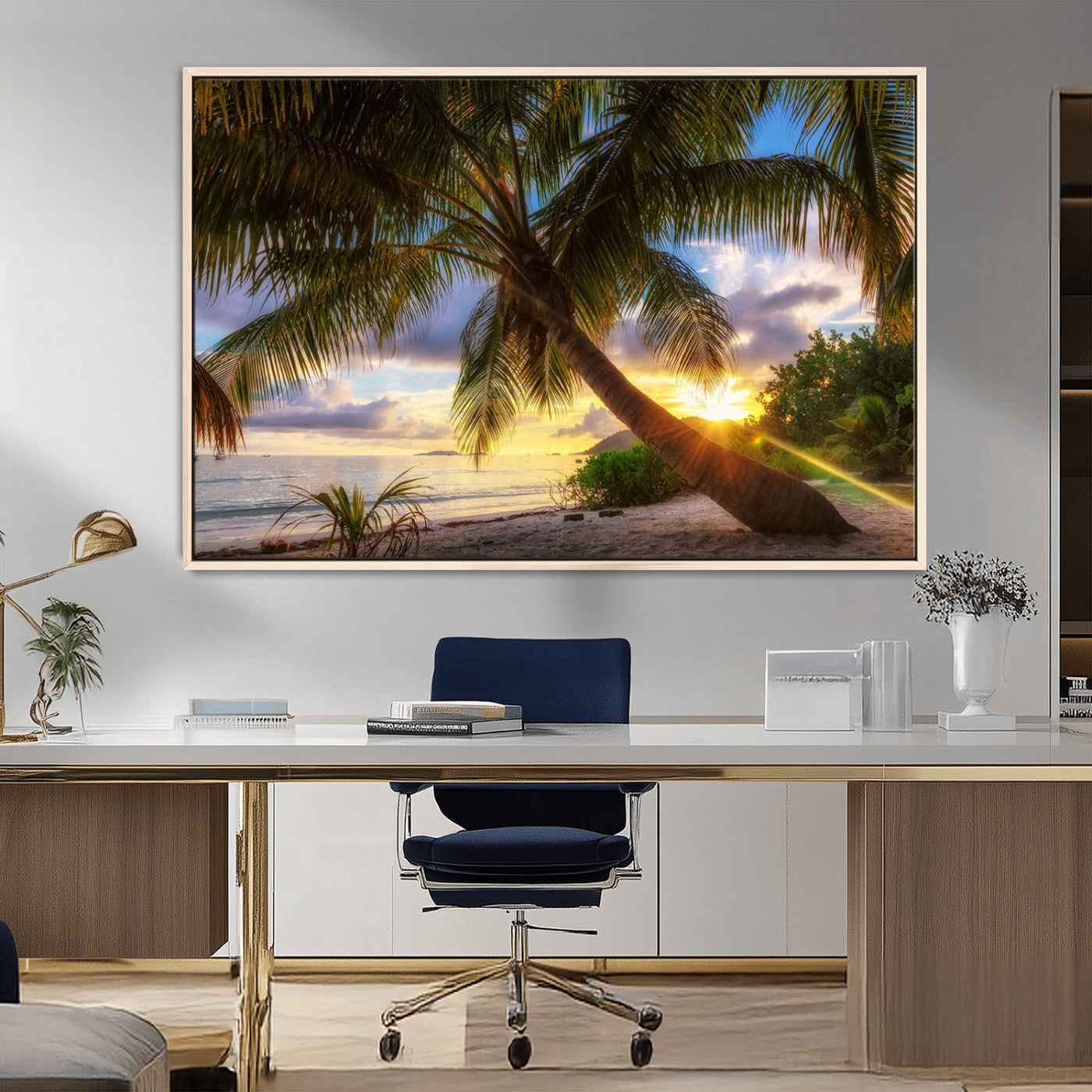 MGV-FC-36X24 - Tropical Island Sunset on the Beach Palms Wall Art Canvas Print