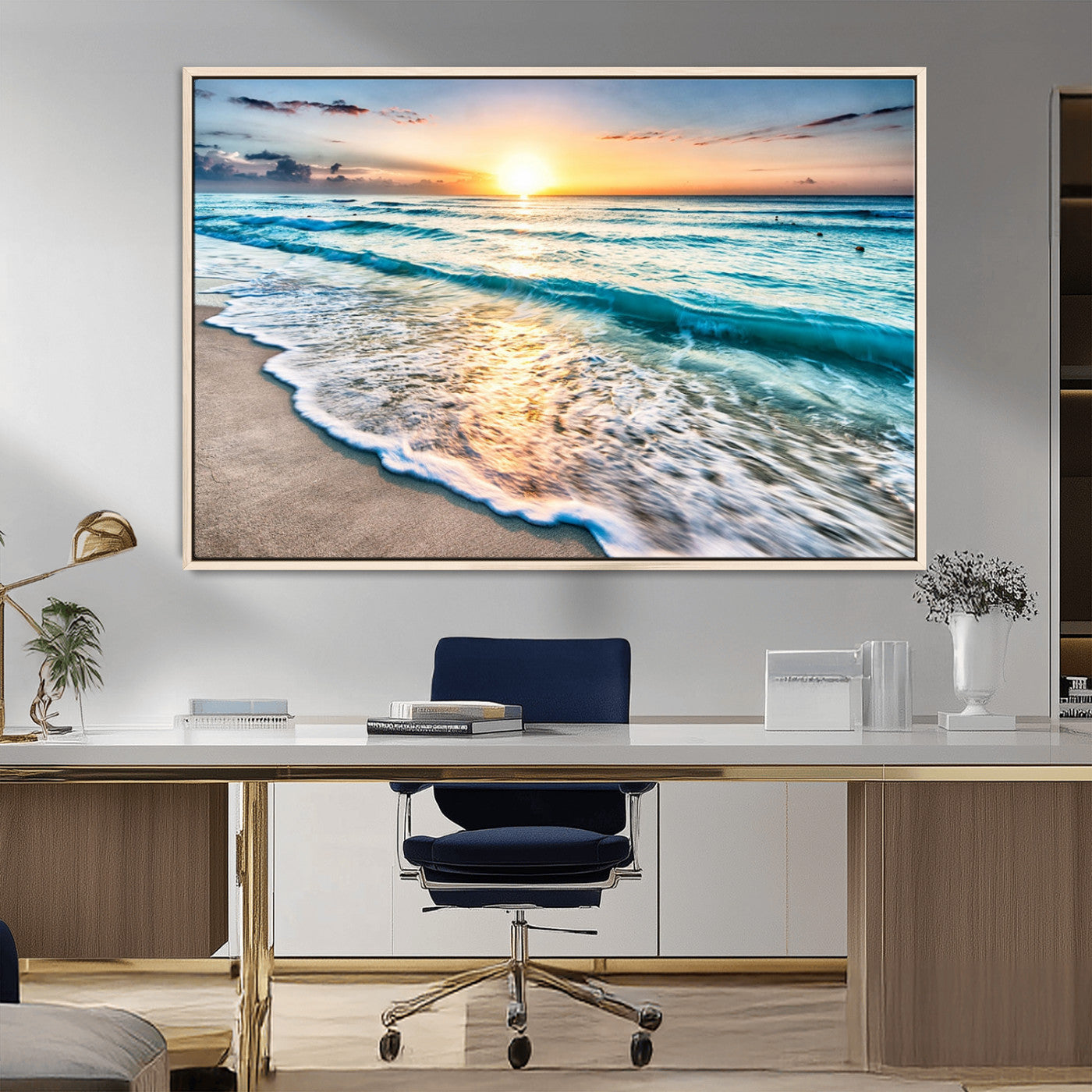MGV-FC-36X24 - Sunset Beach Waves Canvas Wall Art – 5-Panel Ocean Sunset Print – Coastal Decor for Living Room or