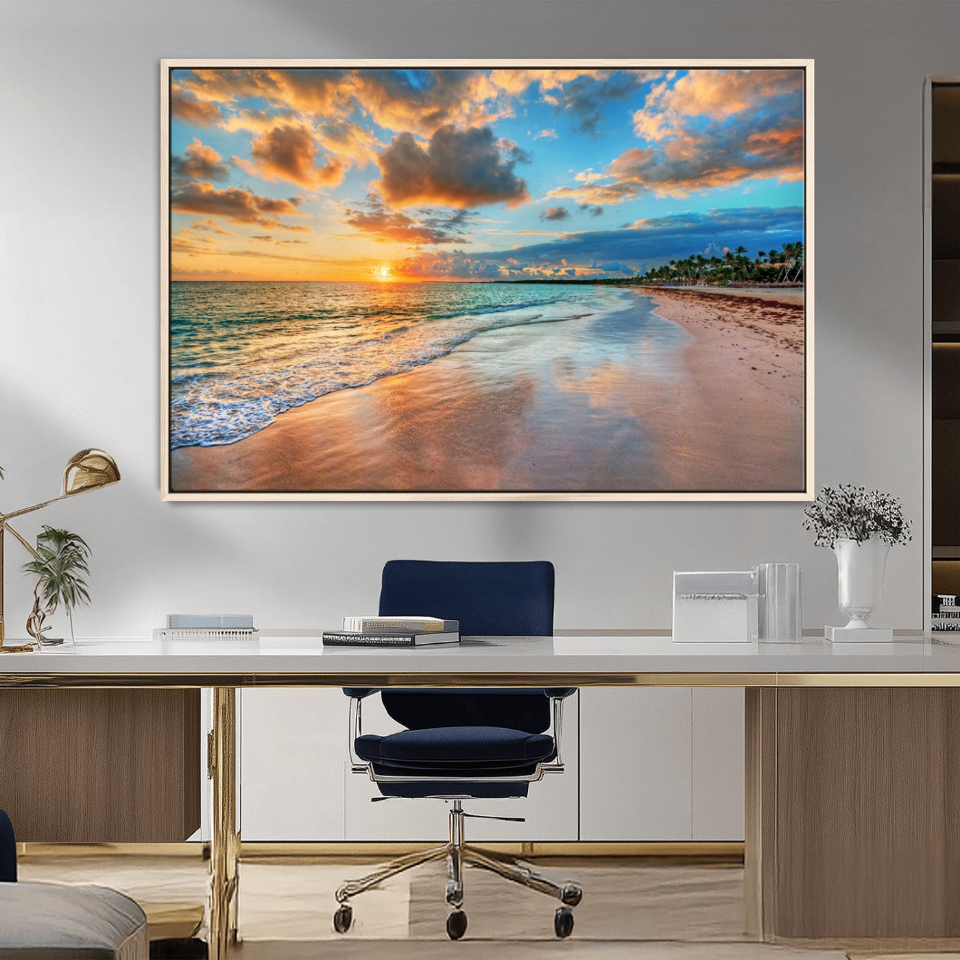 MGV-FC-36X24 - Sunset Ocean Waves on Tropical Beach, 3-Panel Giclee Canvas Art for Coastal Home Decor, Vibrant Palm-Lined Shore