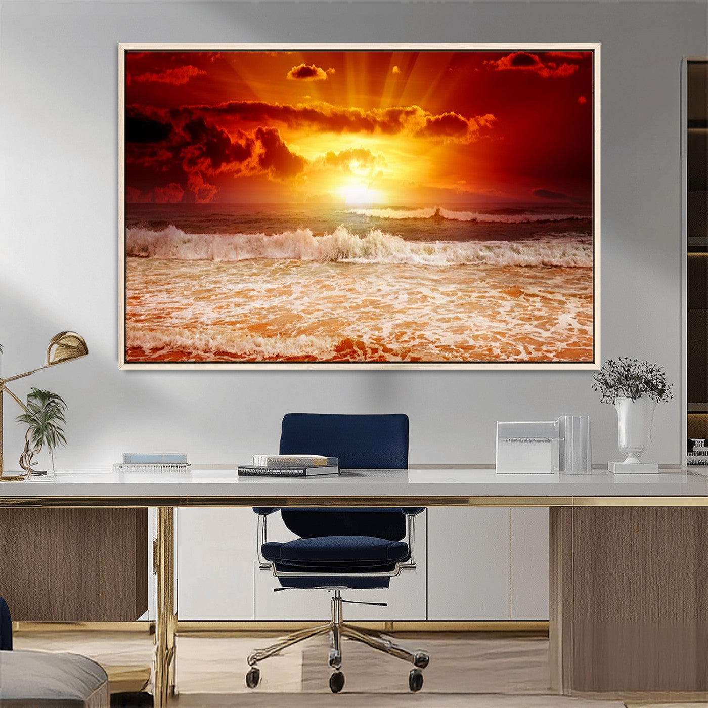 MGV-FC-36X24 - Red Sunset Ocean Beach Canvas Wall Art Beach Canvas, Coastal Sunset Print