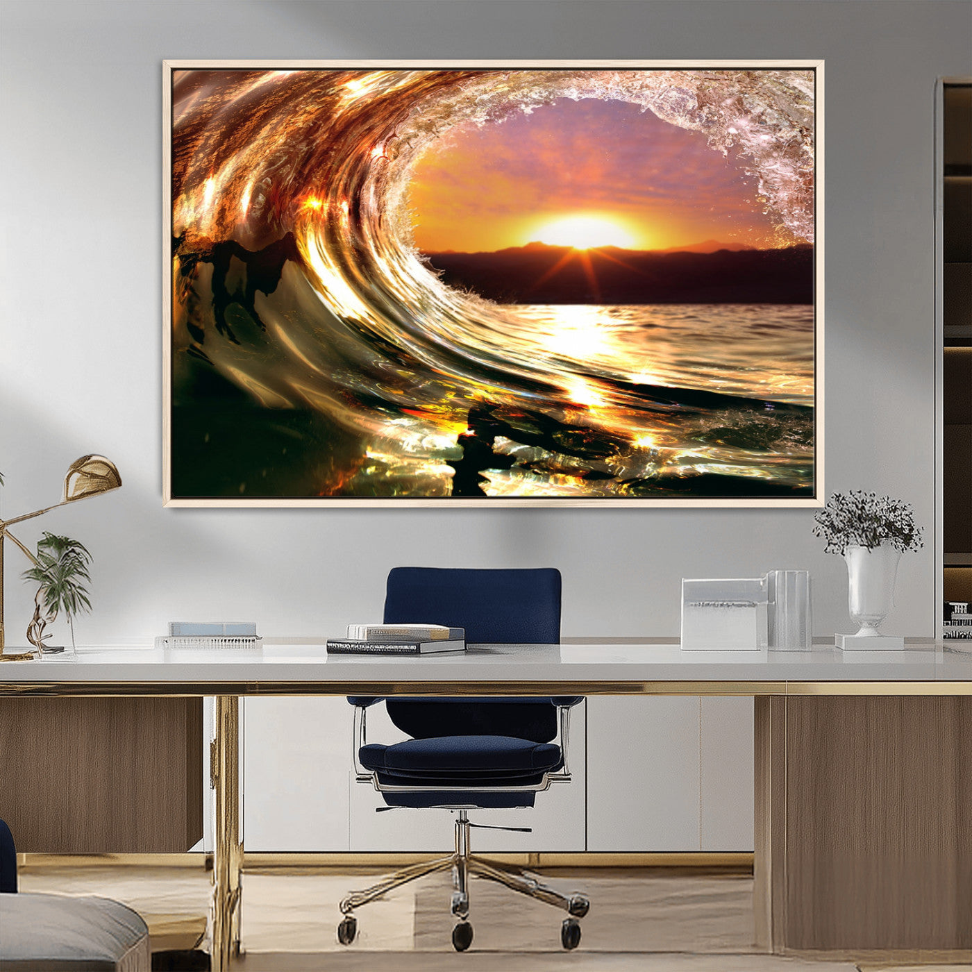 MGV-FC-36X24 - Golden Wave Sunset Triptych Canvas Art, Giclee Canvas Print of Ocean Wave and Sunset, Framed Ocean