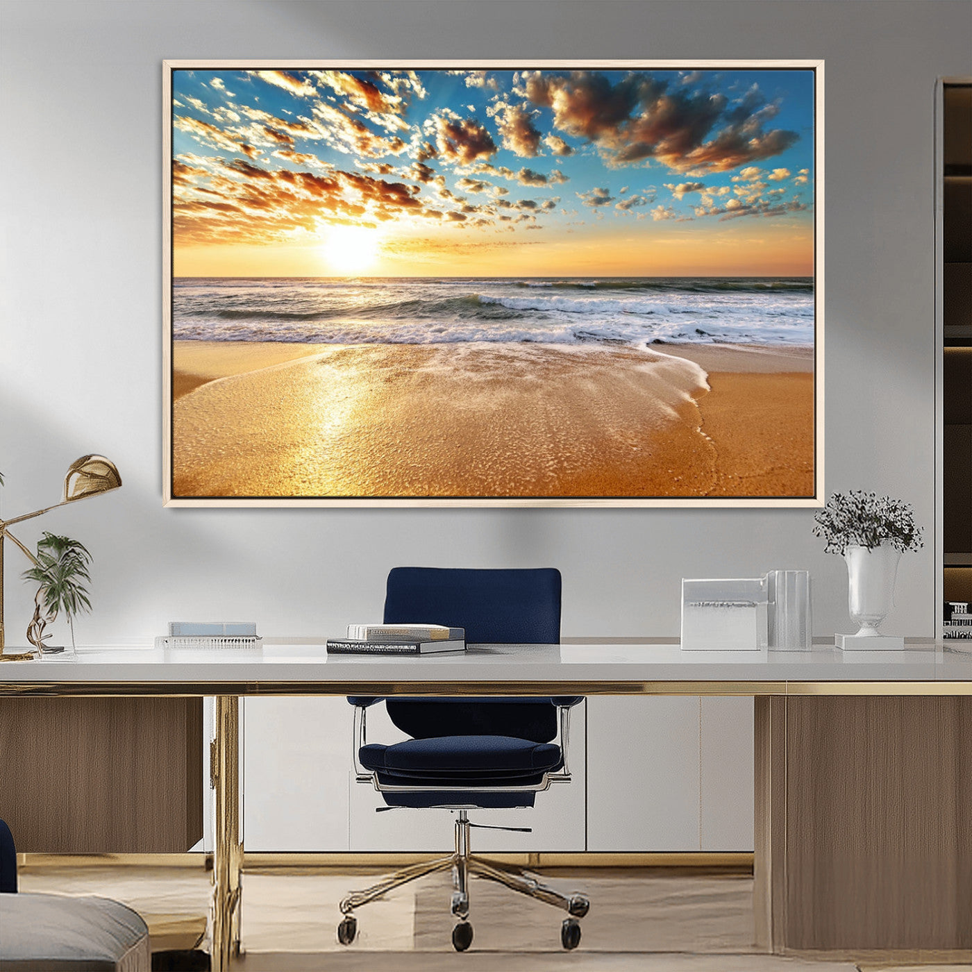 MGV-FC-36X24 - Golden Sunset Beach Print Canvas Wall Art, Giclee Canvas Print with Canon Print Quality, Triptych