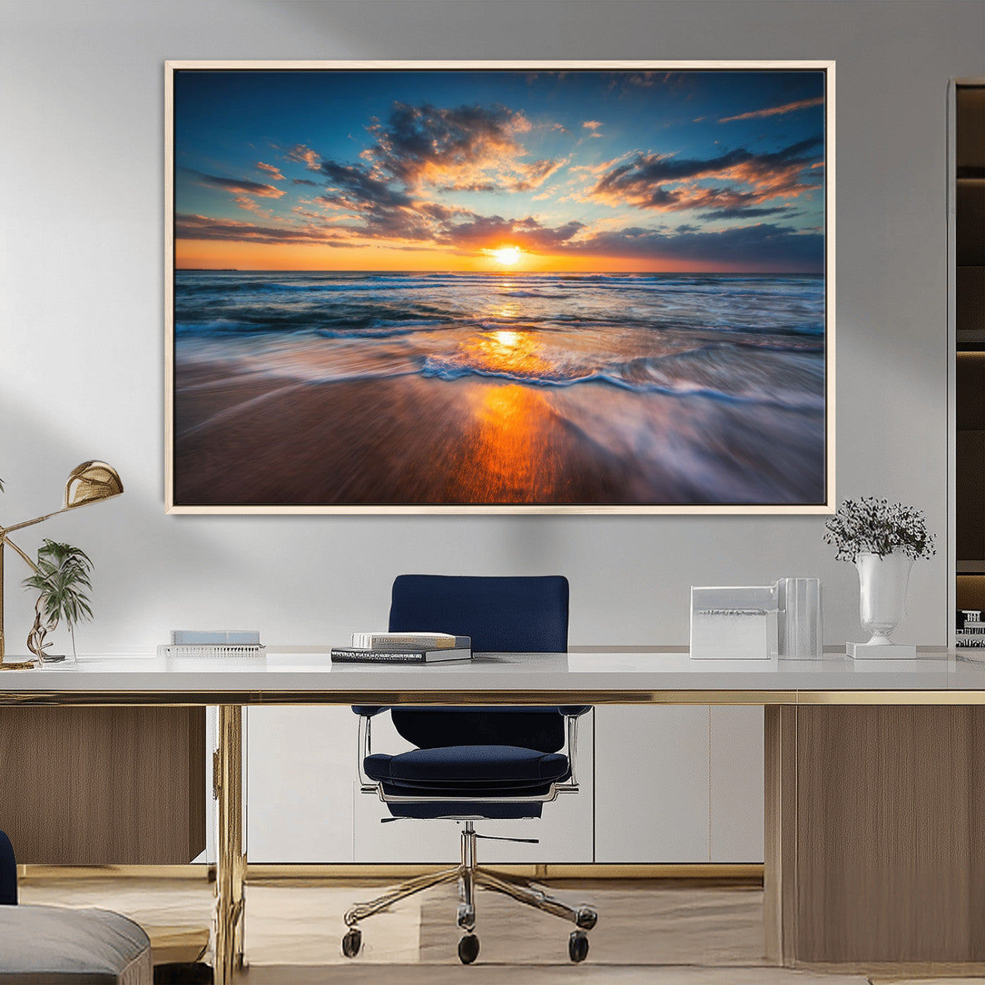 MGV-FC-36X24 - Sunset on the Ocean Beach with Waves, Reflections on Sand, Coastal Wall Art Print, Beach Wall Art,