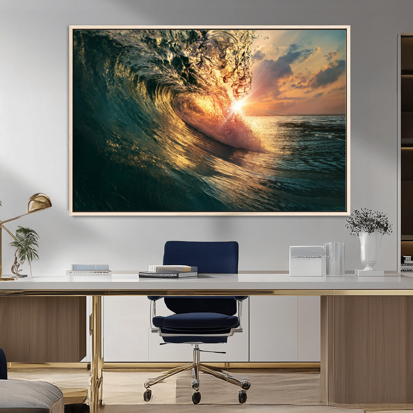 MGV-FC-36X24 - Ocean Wave Sunset Canvas Wall Art – Triptych Seascape Print – Framed and Ready to Hang for Living Room or Office