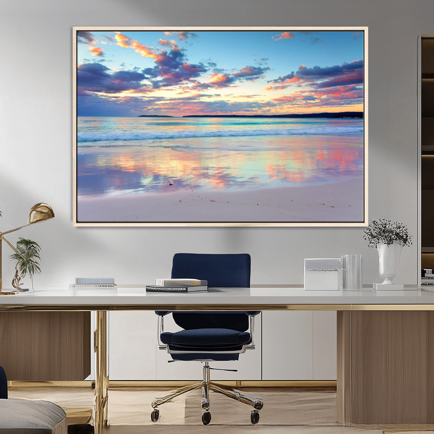 MGV-FC-36X24 - Tranquil Pastel Sunset Beach Triptych Canvas Art, Soothing Coastal Ocean Shoreline Giclee Print, Beach Reflections Wall Decor for Serene Spaces