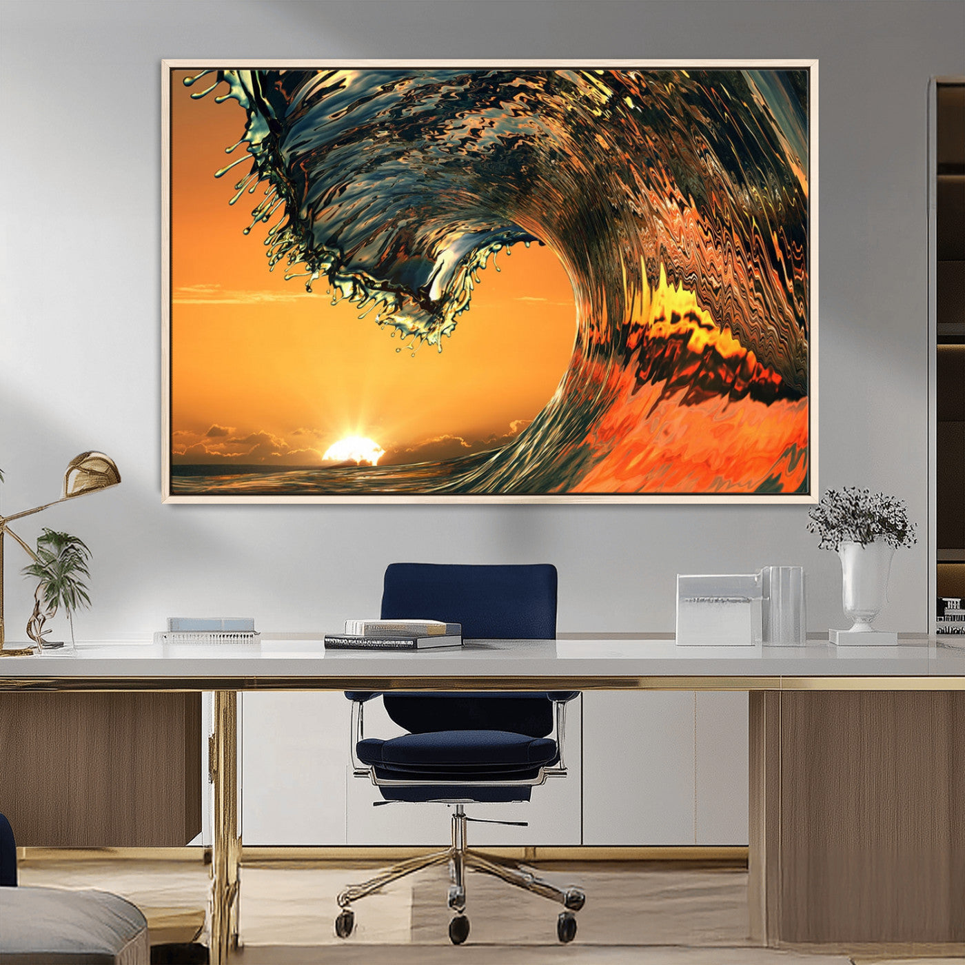 96977-MGV-FC-36X24_Natural-Surf Wave Sunset Canvas Wall Art Print, 3-Panel Ocean Coastal Wall Art Print, Ocean Decor for