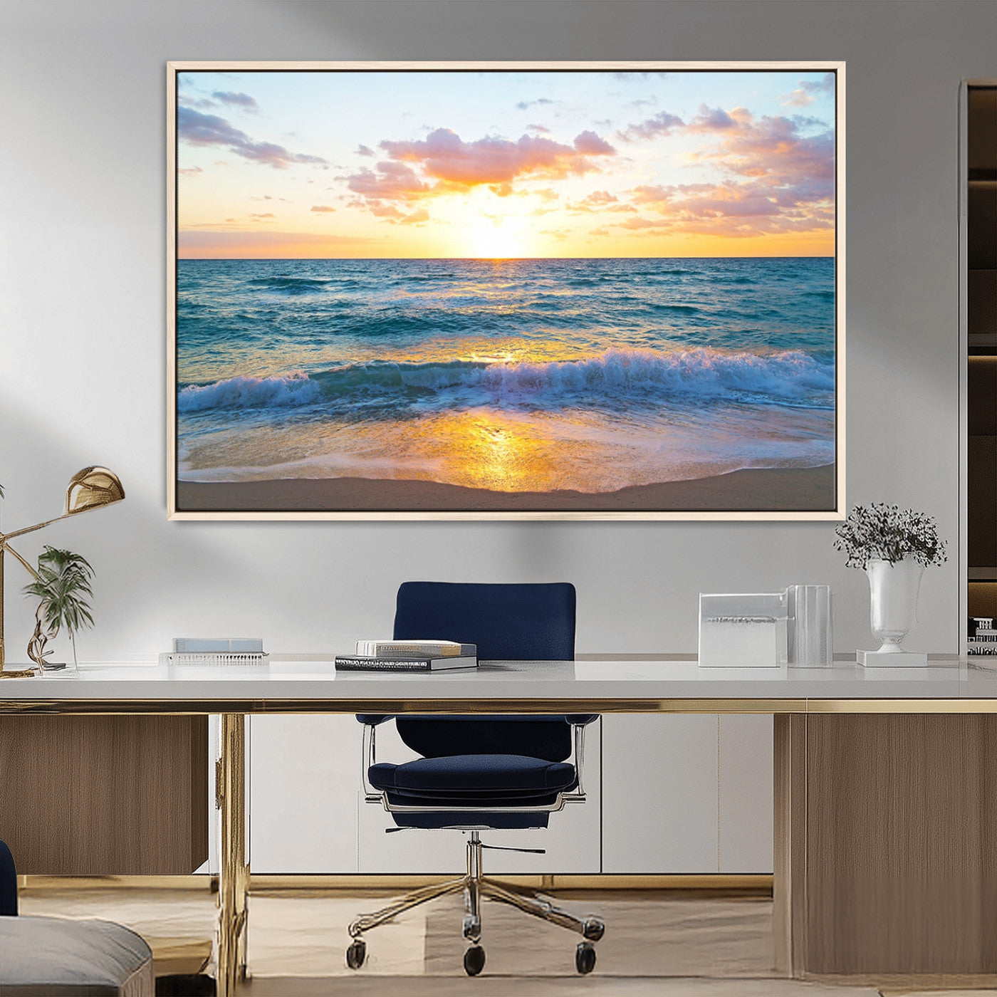 MGV-FC-36X24 - Ocean Sunset Triptych Canvas Wall Art, Giclee Beach Sunset Print with Gentle Waves, Coastal Art for Relaxation Spaces