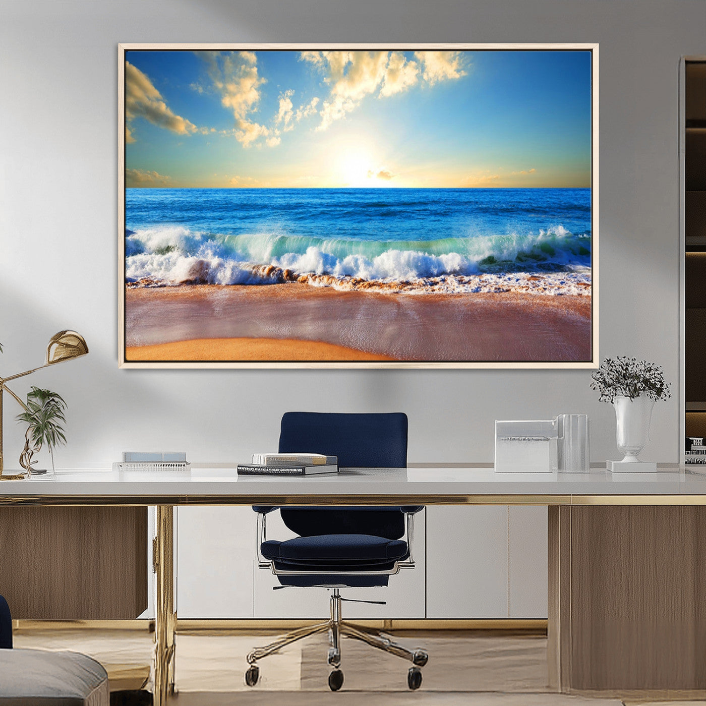 MGV-FC-36X24 - Tropical Beach Sunset Canvas Art, Ocean Waves and Sandy Shoreline Wall Art, Large Beach Decor for Coastal Homes