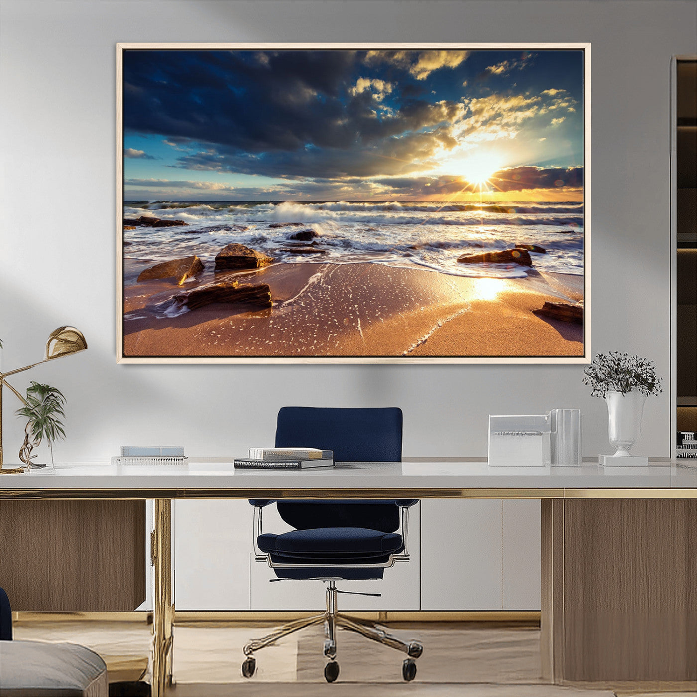 MGV-FC-36X24 - Golden Hour Beach Sunset Canvas Triptych, Ocean Waves and Rocks Wall Art for Coastal Home Decor