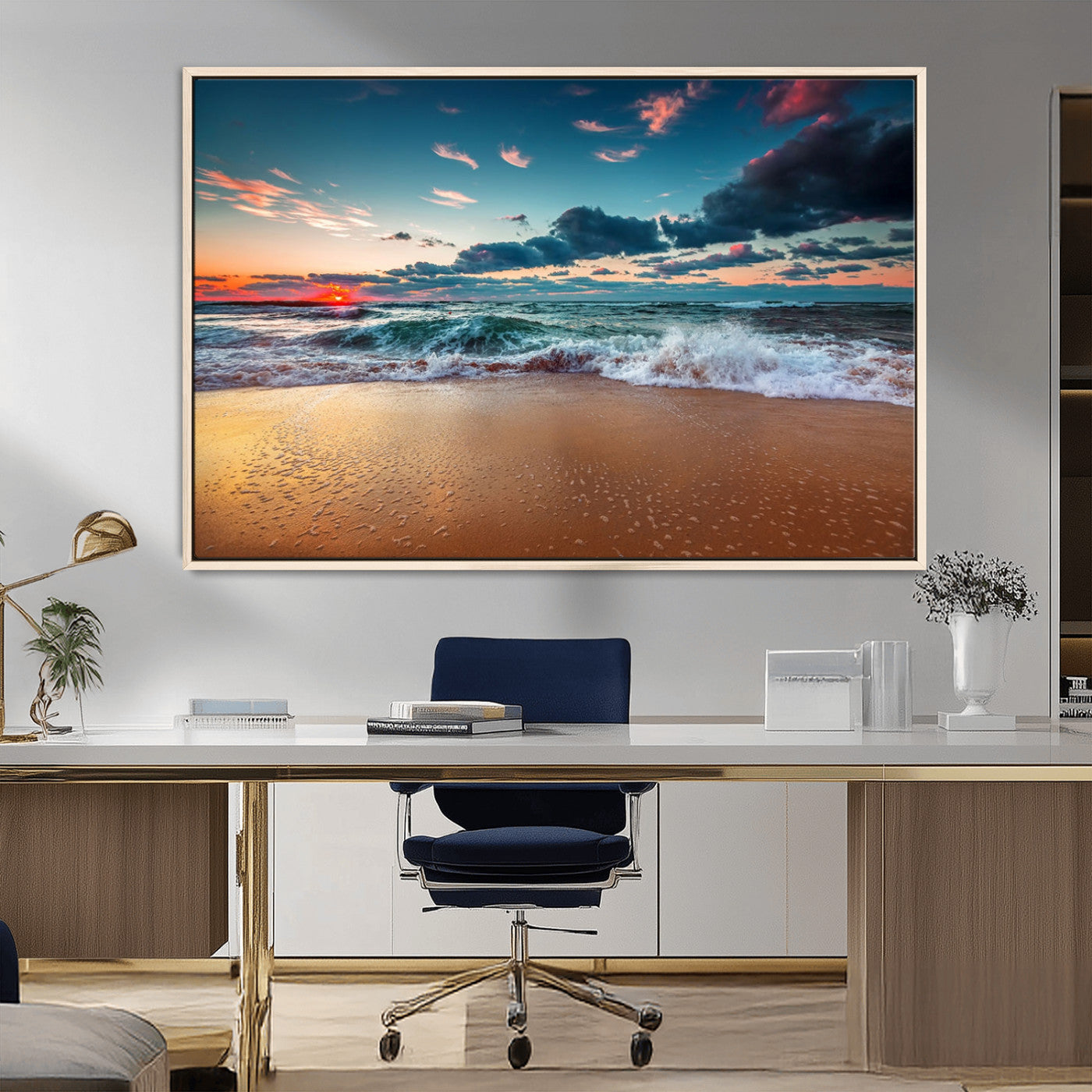 MGV-FC-36X24 - Sunset Ocean Beach Wall Art – Giclee Canvas Print, Coastal Seascape, Ready to Hang, Beach Decor, Large 3-Panel Set for Living Room