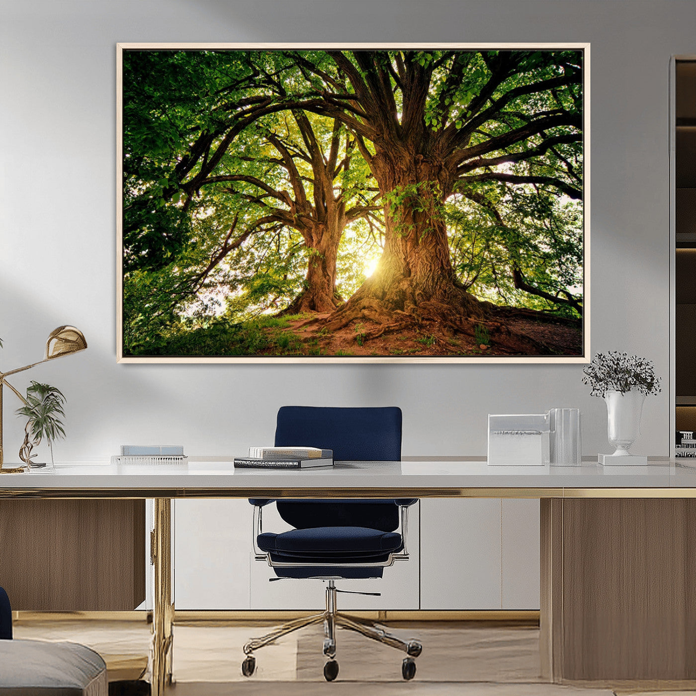 MGV-FC-36X24 - Majestic Ancient Tree Wall Art, Nature-Inspired Canvas Print, Woodland Art, Tree of Life Artwork, Sunlit Forest, Giclee Nature Print