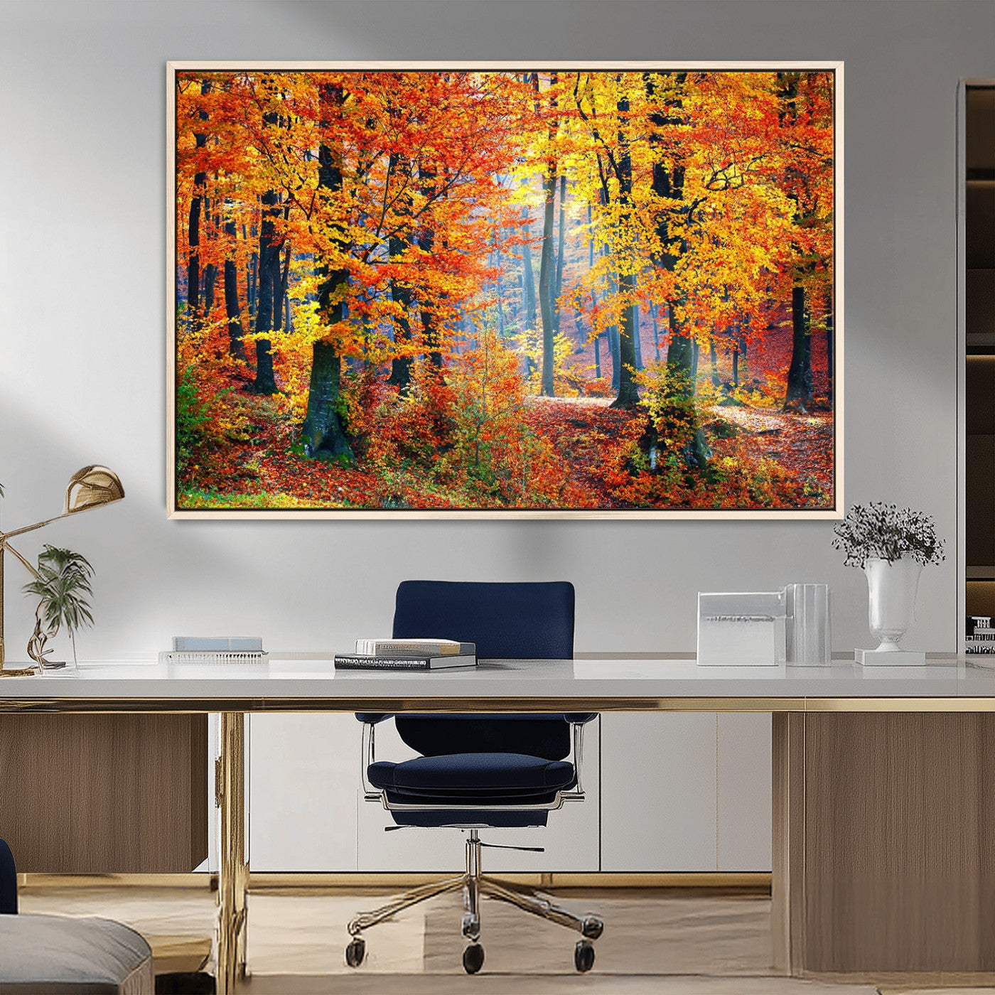 MGV-FC-36X24 - Autumn Red Forest Triptych Canvas Wall Art Print, Forest Wall Decor, Fall Landscape Art | Season Nature Landscape for Home or Office