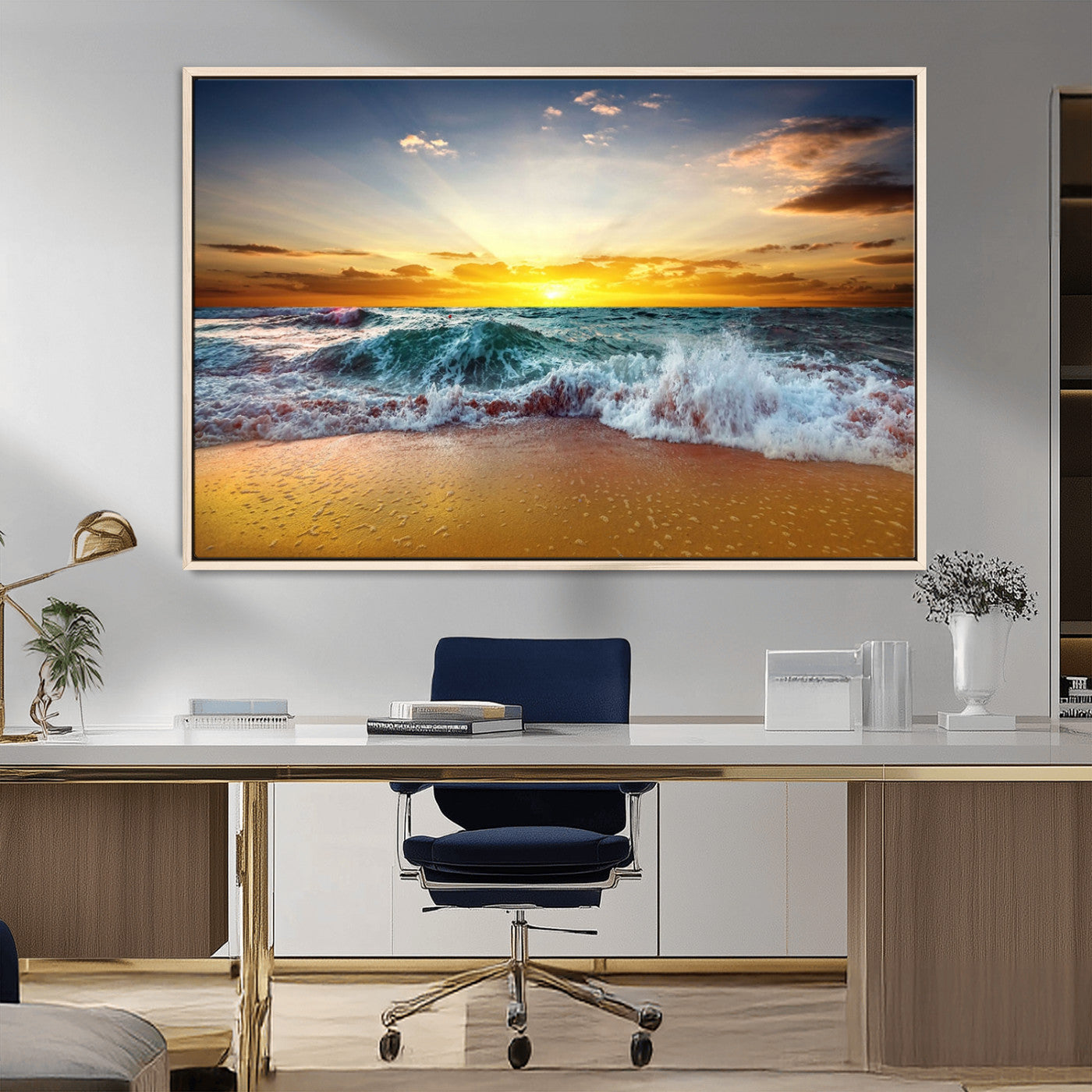 MGV-FC-36X24 - Golden Sunset Ocean Waves Wall Art Canvas Print – Multi Panel Beach Canvas Print Set – Large Coastal Triptych Print for Home or Farmhouse Decor