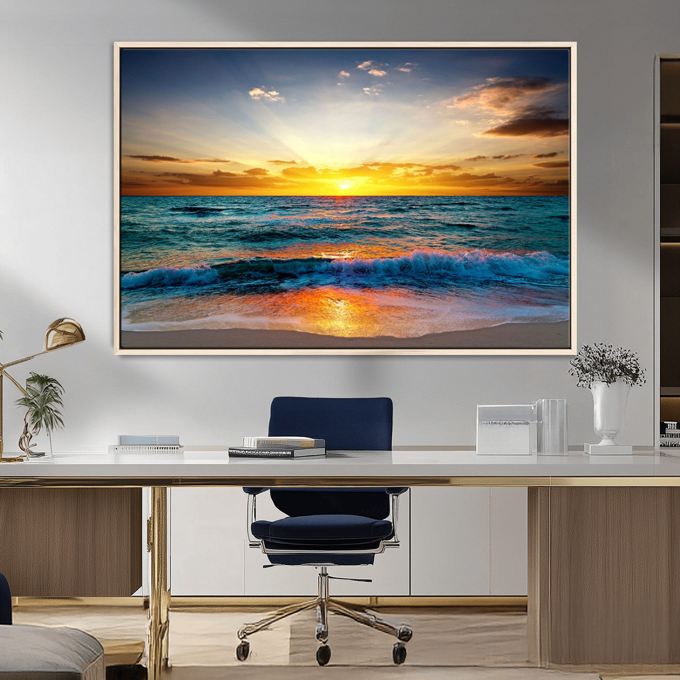 MGV-FC-36X24 - Vibrant Ocean Sunrise Over Golden Beach Waves, Giclee Canvas Wall Art Set, High-Quality Stretched Canvas Print, Ready to Hang Coastal Sunset Wall