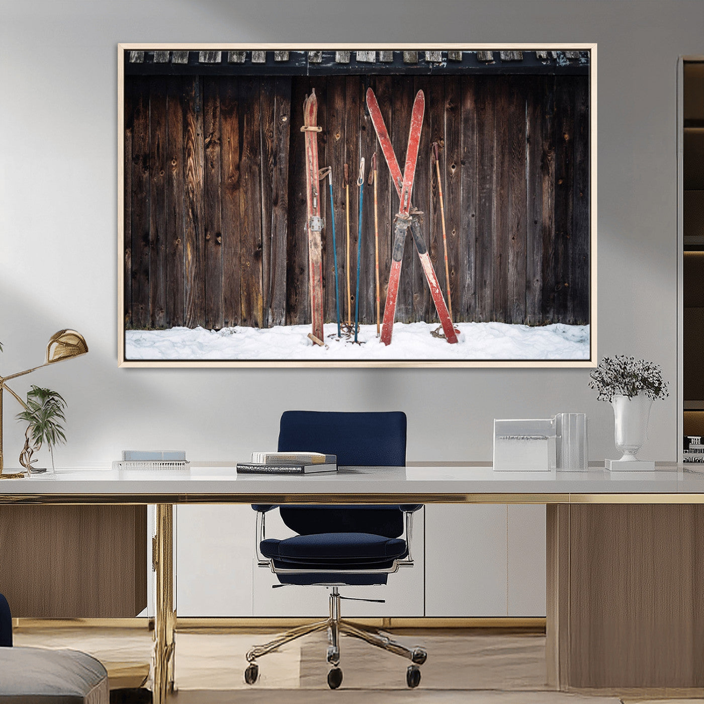 MGV-FC-36X24 - Vintage Ski Gear Against Wooden Cabin Wall, Rustic Winter Sports Equipment Canvas Print, Ready to Hang Wall Art, Perfect for Lodge or Ski Cabin Decor