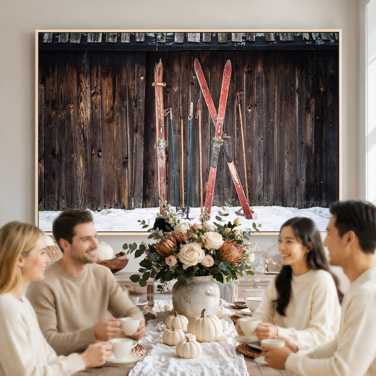 78590-MGV-CV-36X24 - Vintage Ski Gear Canvas Print, Vintage Ski Gear Against Wooden Cabin Wall