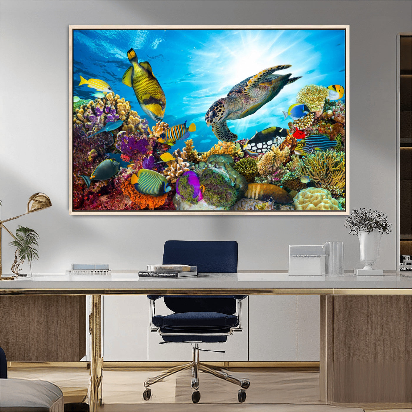 MGV-FC-36X24 - Sea Turtle Coral Reef Wall Art Print – Colorful Underwater Canvas Print – Tropical Ocean Marine Life Artwork – Perfect for Coastal Home Decor