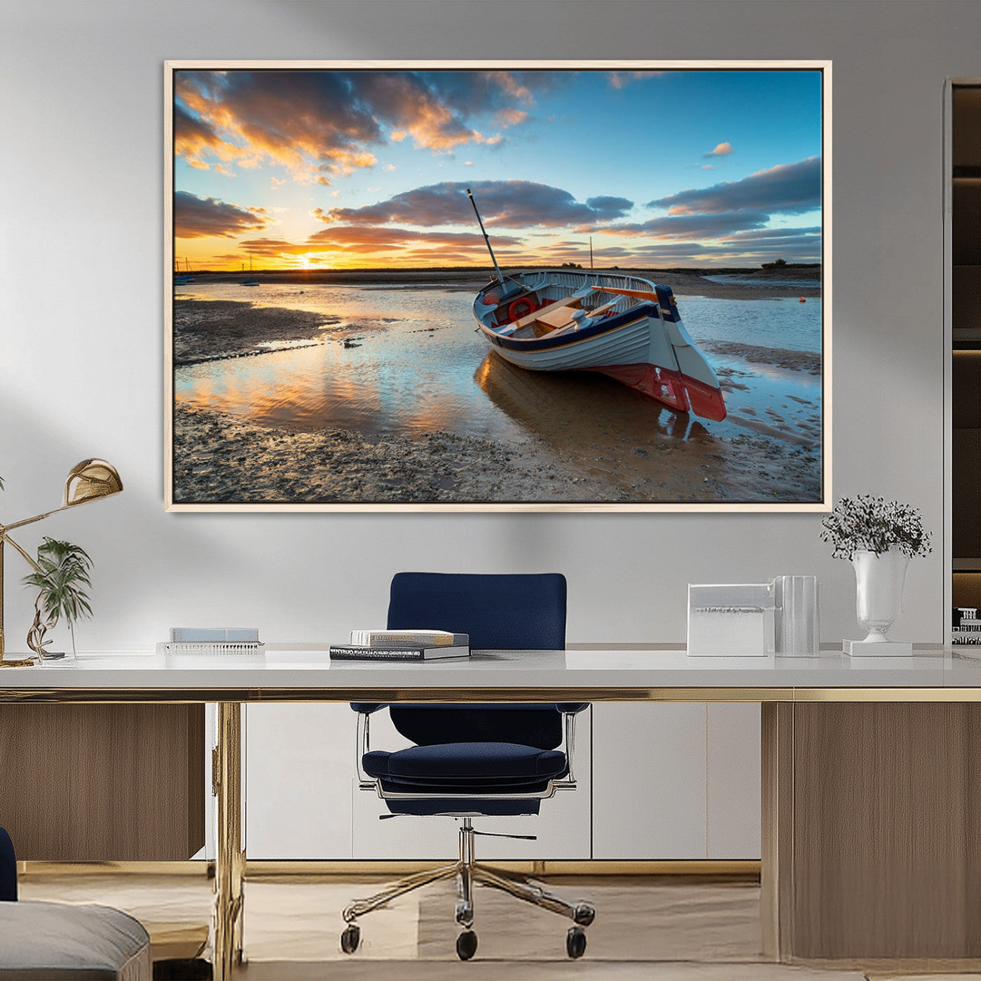 MGV-FC-36X24 - Small Boat At The Beach Sunset Wall Art, Boat Sunset Wall Art Canvas Print