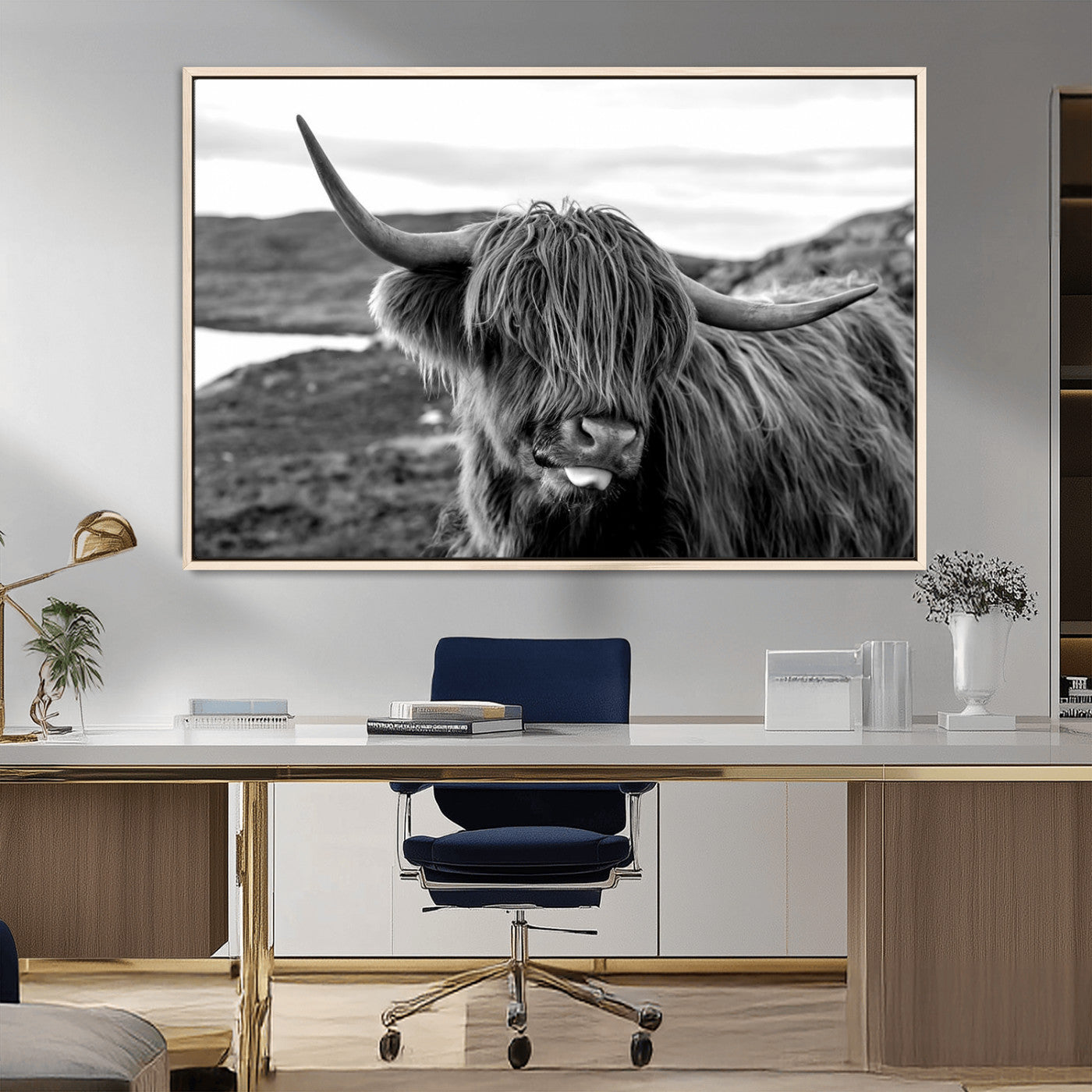 MGV-FC-36X24 - Highland Cow Canvas Wall Art – Black and White Animal Portrait – Framed and Ready to Hang Rustic Farmhouse Decor for Living Room or Office