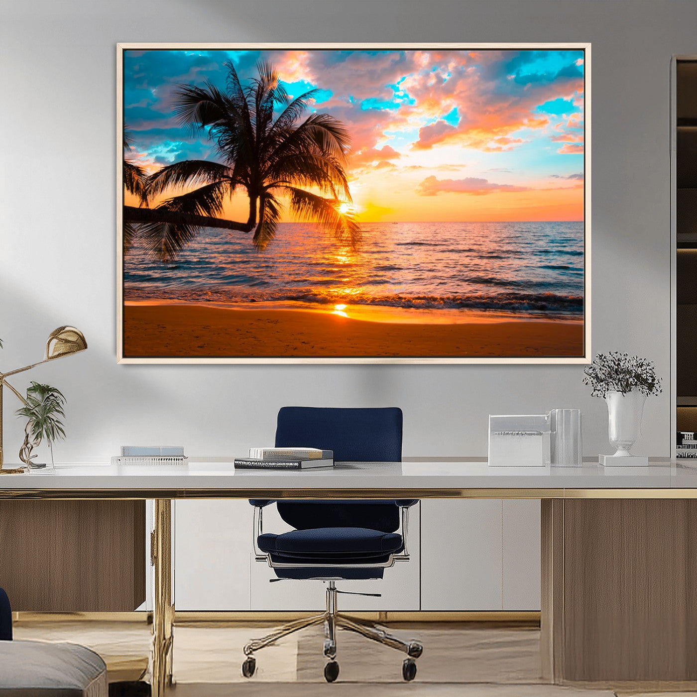 34674-MGV-FC-36X24_Natural-Palm Tree Sunset On The Beach Wall Art Canvas, Framed Palm Tree Sunset Canvas Print
