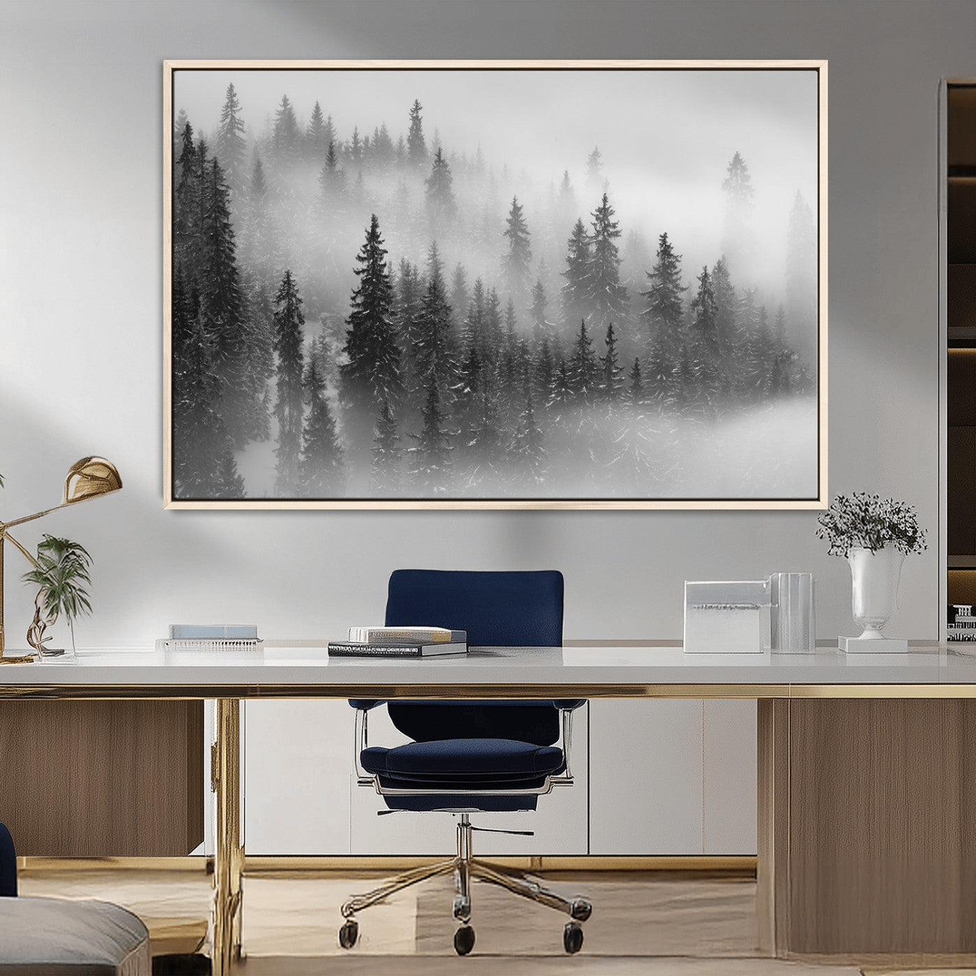 MGV-FC-36X24 - Black and White Forest Wall Art Print – Misty Pine Tree Canvas Print – Winter Woodland Nature Artwork – Perfect for Minimalist Home Decor