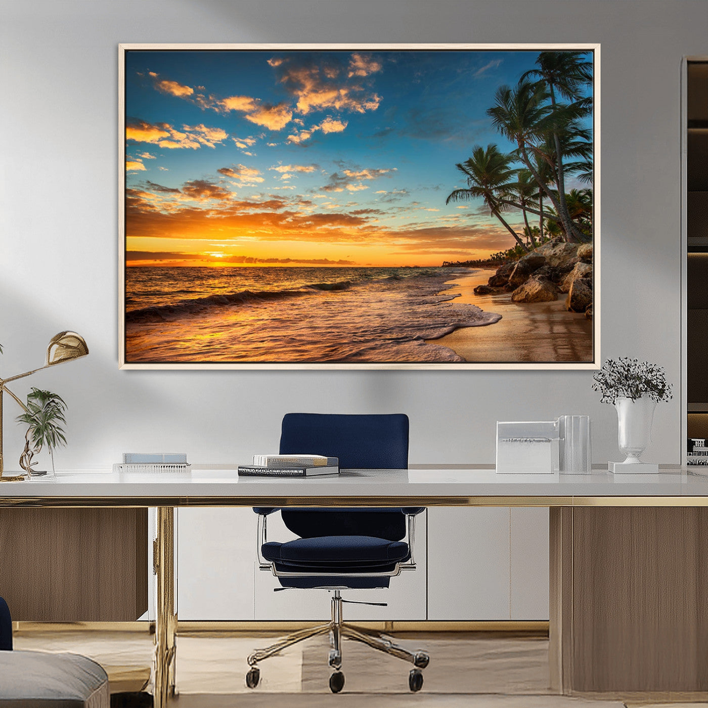 MGV-FC-36X24 - Tropical Beach Sunset Wall Art Print – Palm Tree Coastal Canvas Print – Ocean Seascape Artwork – Perfect for Tropical Modern Home Decor