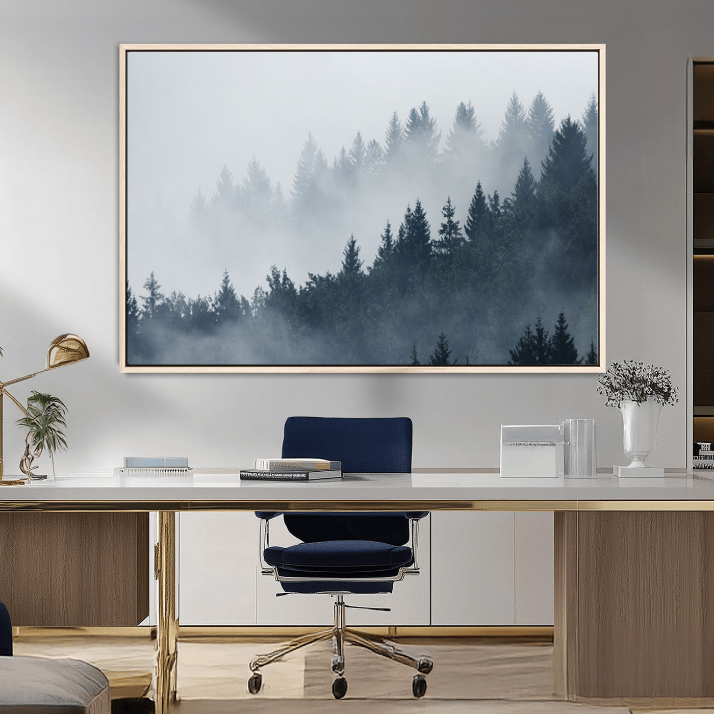 MGV-FC-36X24 - Misty Forest Wall Art Print – Foggy Pine Tree Canvas Print – Dark Woodland Nature Artwork – Perfect for Minimalist and Modern Home Decor