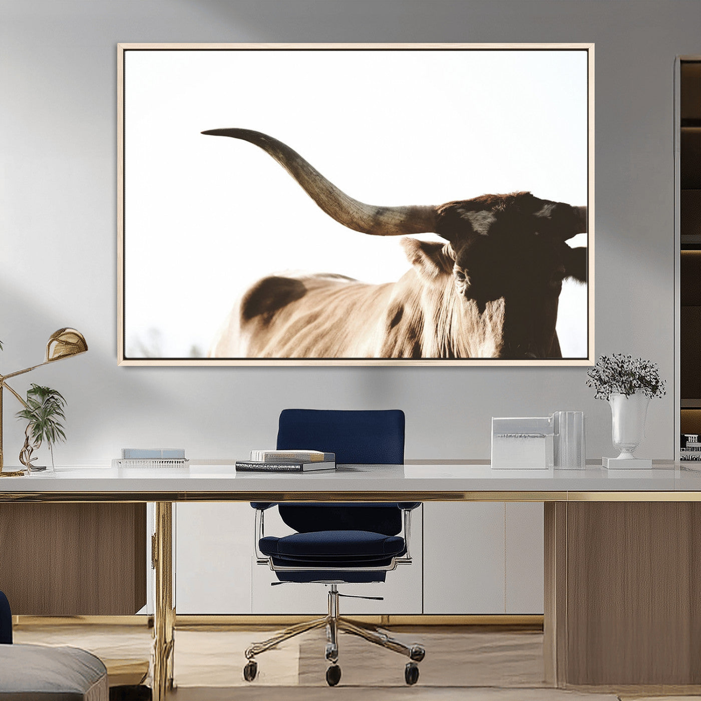 MGV-FC-36X24 - Texas Longhorn Wall Art Canvas Print | 3-Panel Large Longhorn Canvas Print for Living Room, Framed Gallery Wrap Office, Rustic Western Cowboy Decor