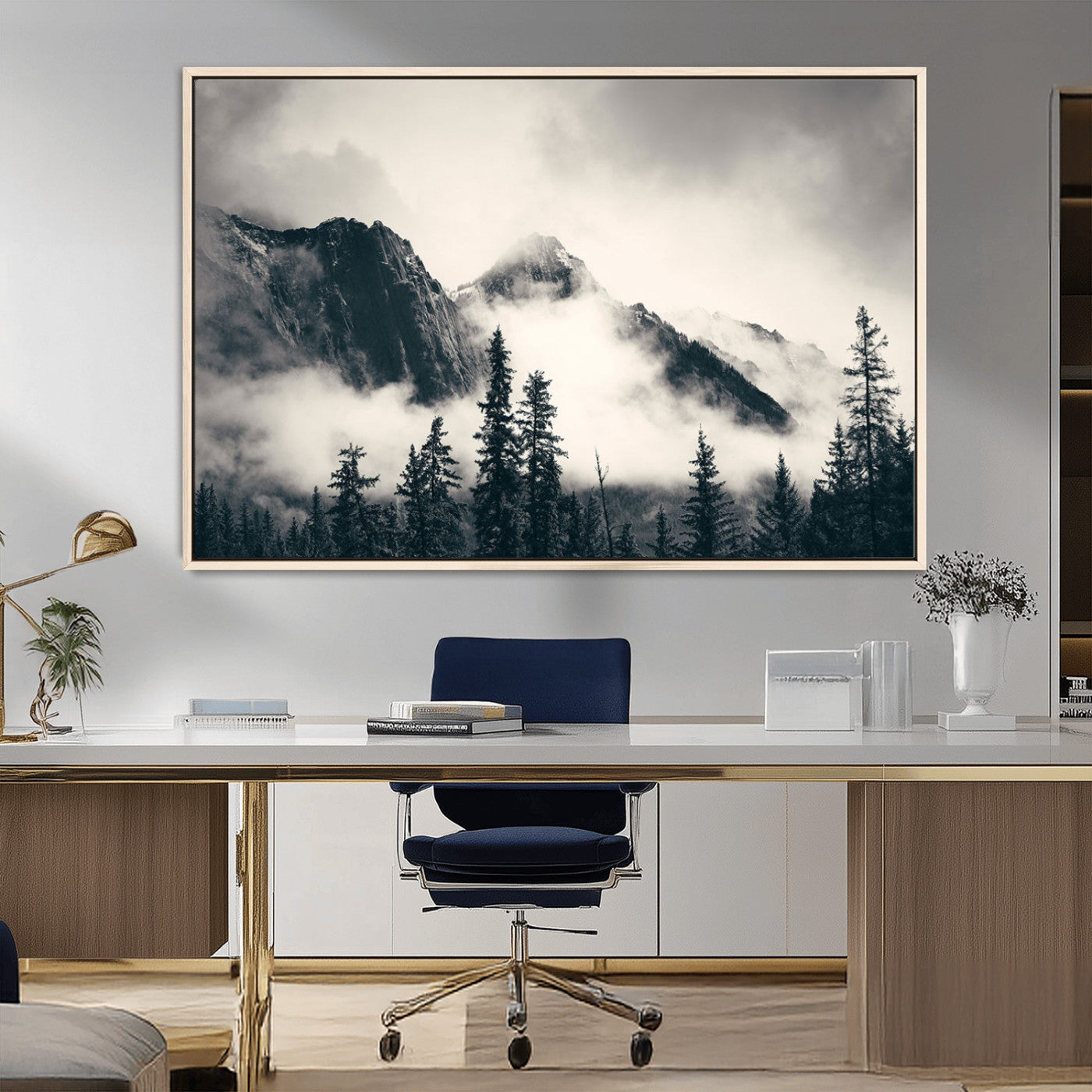 MGV-FC-36X24 - Large Foggy Mountain Forest Wall Art Canvas Print | Misty Mountain Peaks and Pine Trees Print | Framed Gallery Wrap | Rustic Nature Farmhouse Decor