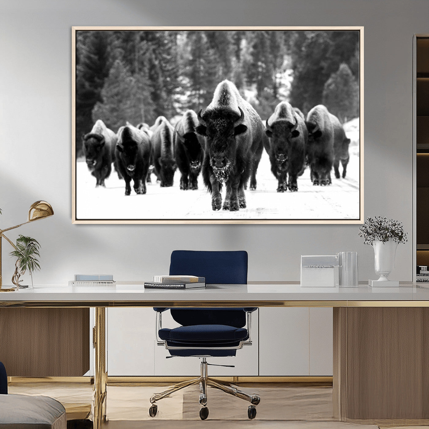 62434-MGV-FC-36X24_Natural-Bison Herd in Snow Wall Art Canvas Print | Rustic Western Bison Wall Art for Decor for Living Room,