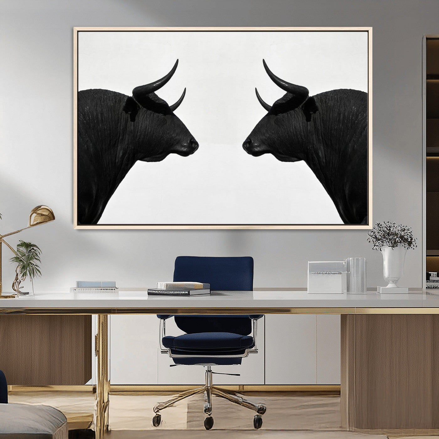 16038-MGV-FC-36X24_Natural-Spanish Bull Art - Framed Black and White Bull Canvas Print for Modern Rustic Home or Office Decor